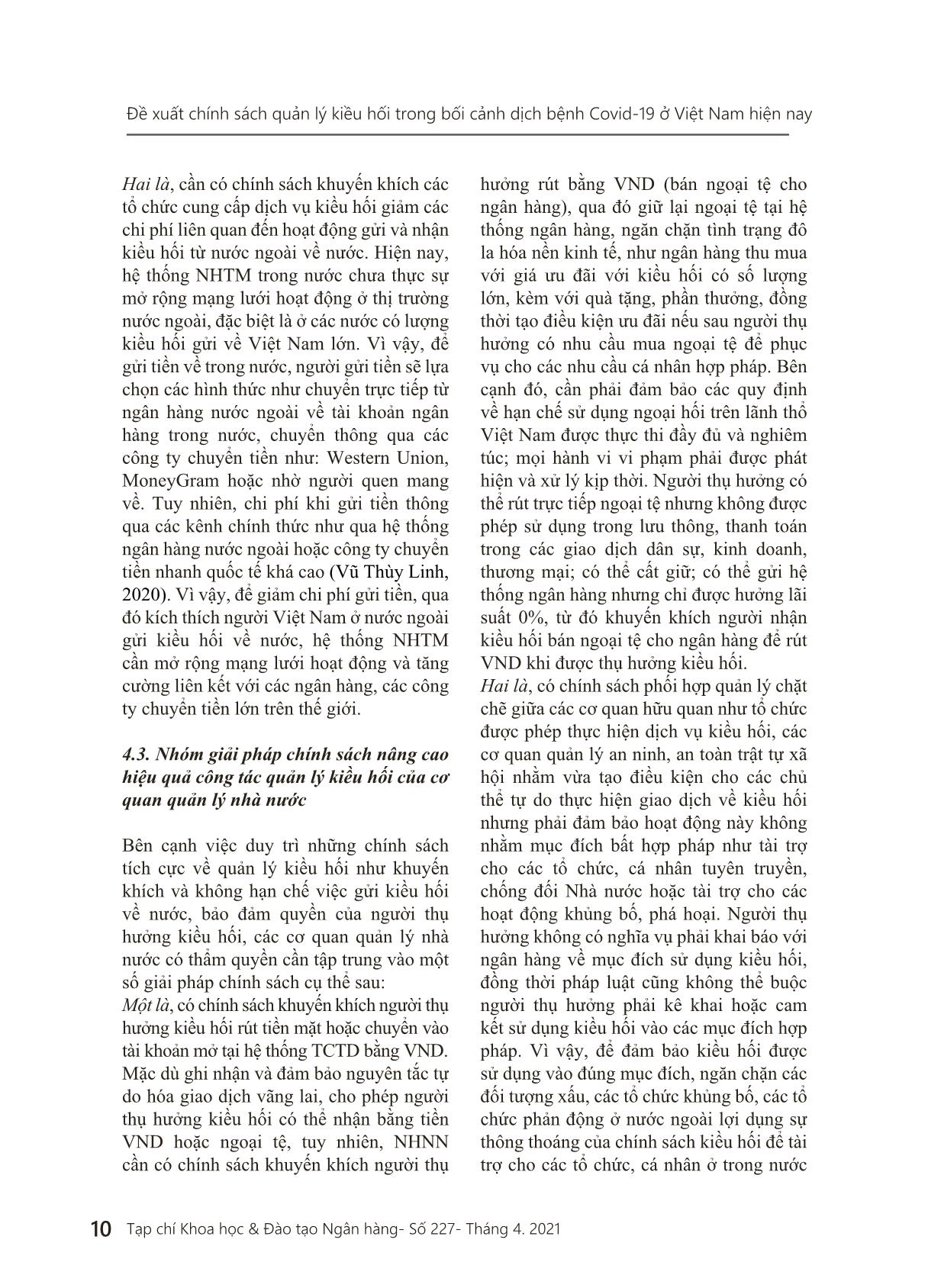 Đề xuất chính sách quản lý kiều hối trong bối cảnh dịch bệnh Covid-19 ở Việt Nam hiện nay trang 10