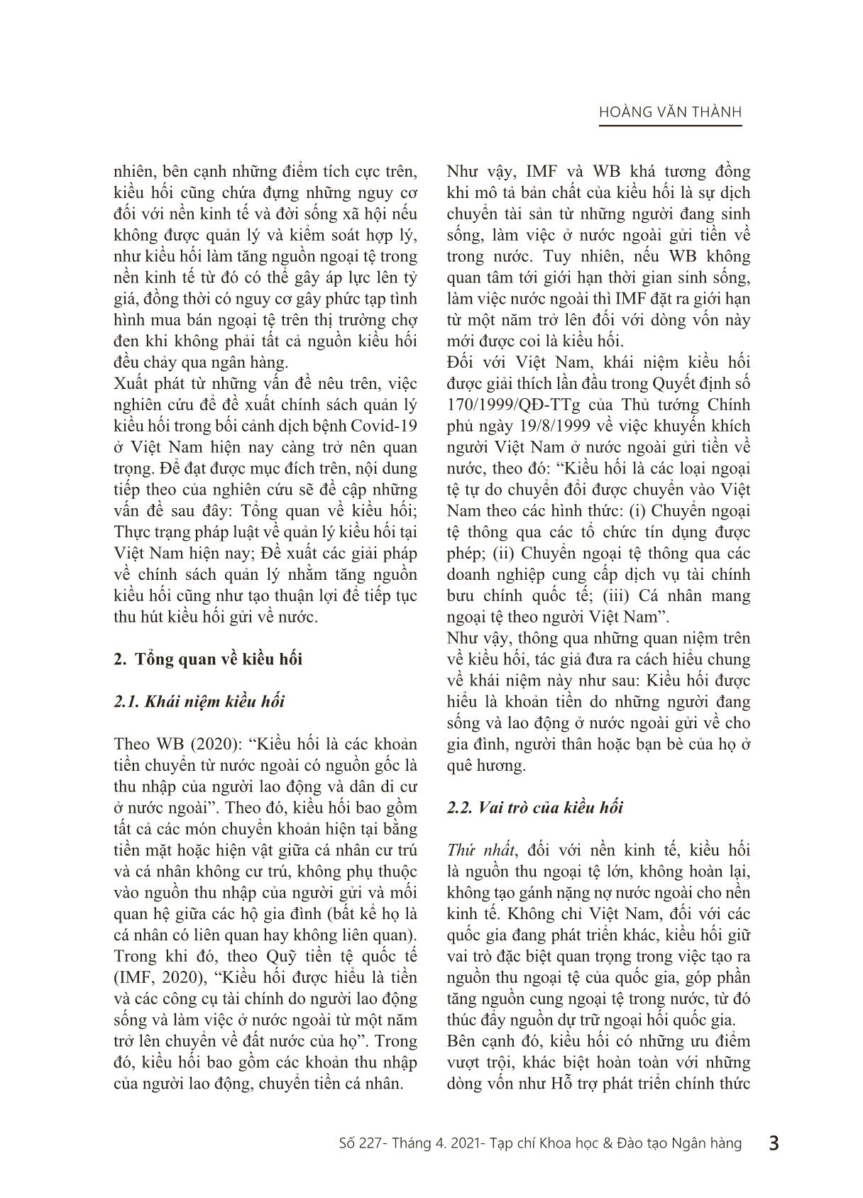 Đề xuất chính sách quản lý kiều hối trong bối cảnh dịch bệnh Covid-19 ở Việt Nam hiện nay trang 3