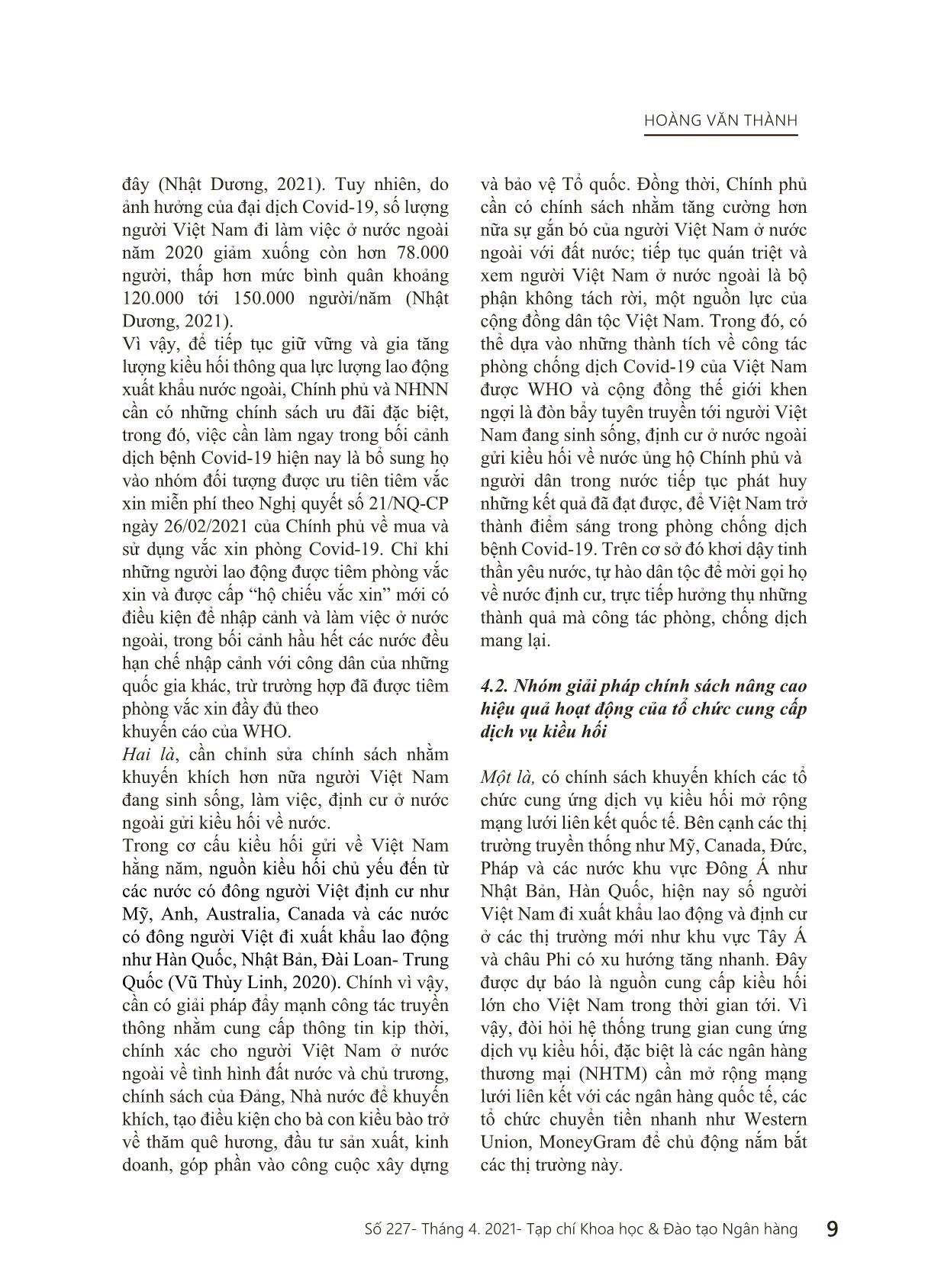 Đề xuất chính sách quản lý kiều hối trong bối cảnh dịch bệnh Covid-19 ở Việt Nam hiện nay trang 9