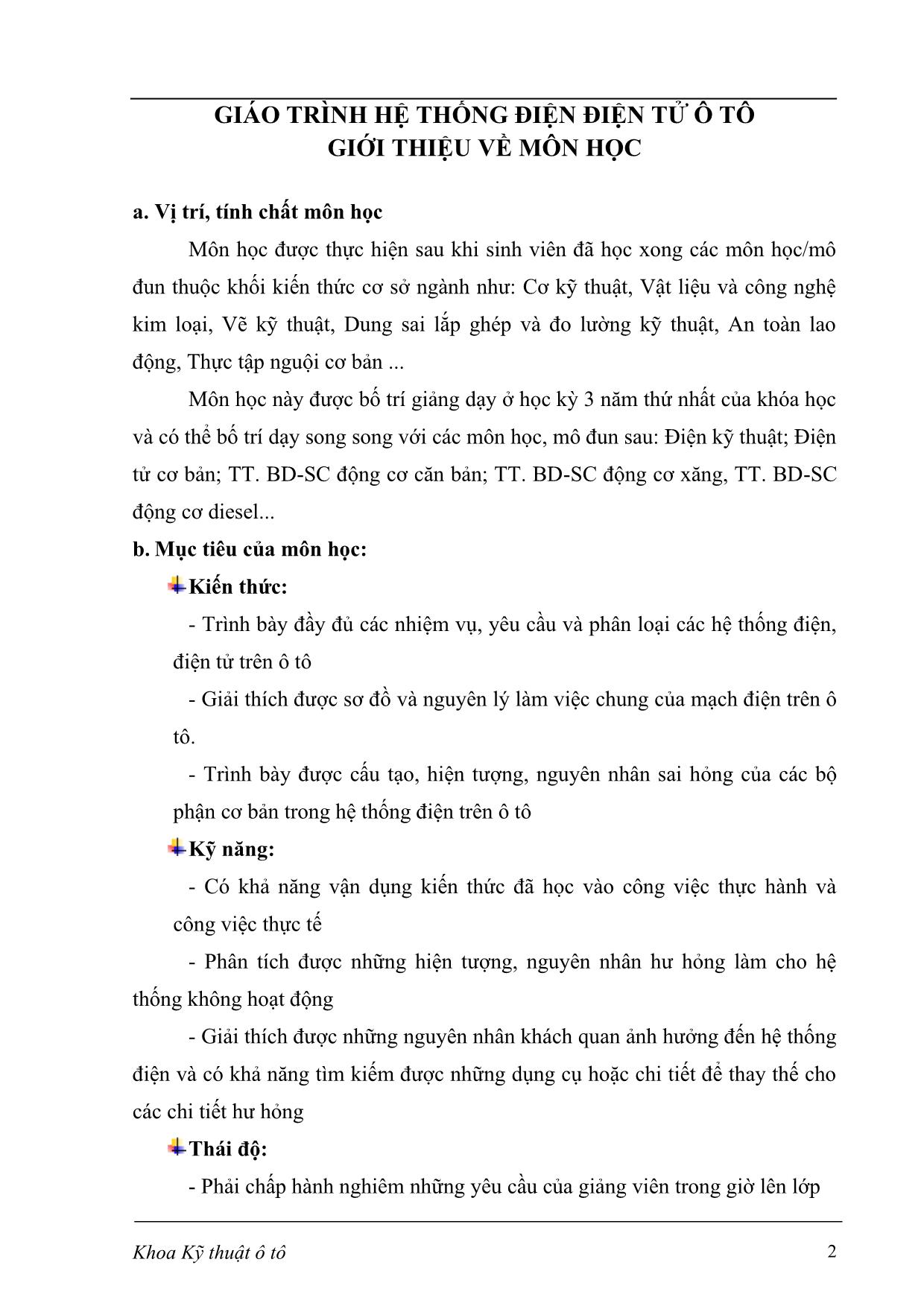 Giáo trình Hệ thống điện điện tử trên ô tô trang 2