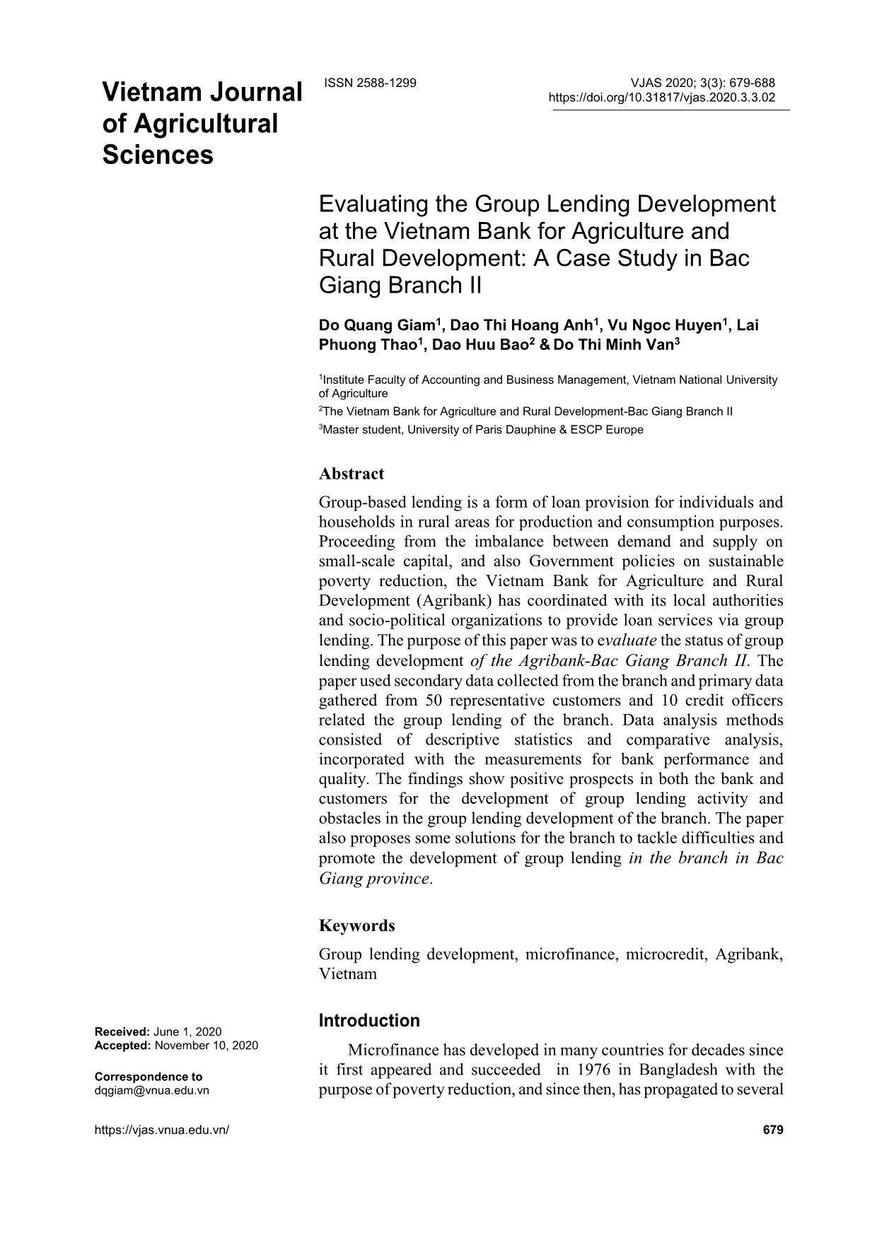 Evaluating the group lending development at the Viet Nam bank for agriculture and rural development: A case study in Bac Giang branch ii trang 1