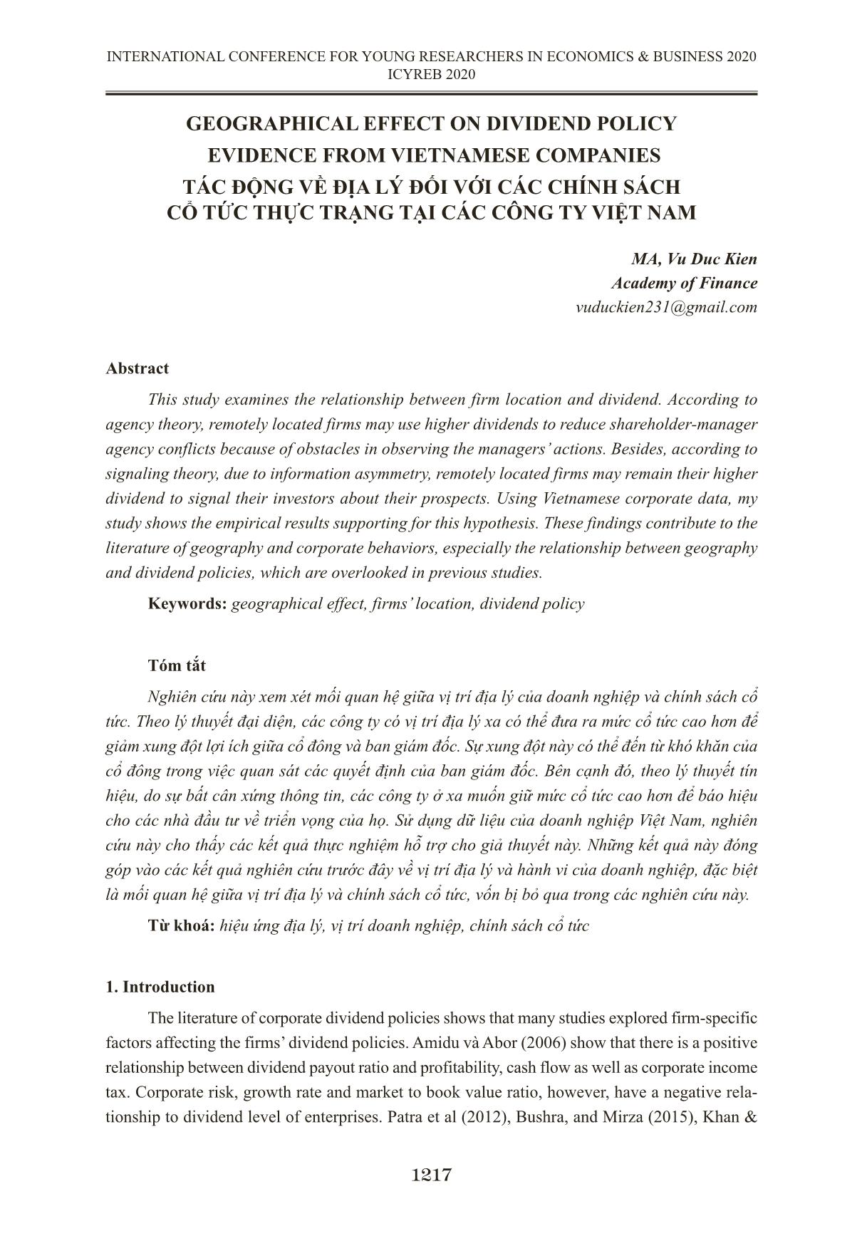 Tác động về địa lý đối với các chính sách cổ tức thực trạng tại các công ty Việt Nam trang 1