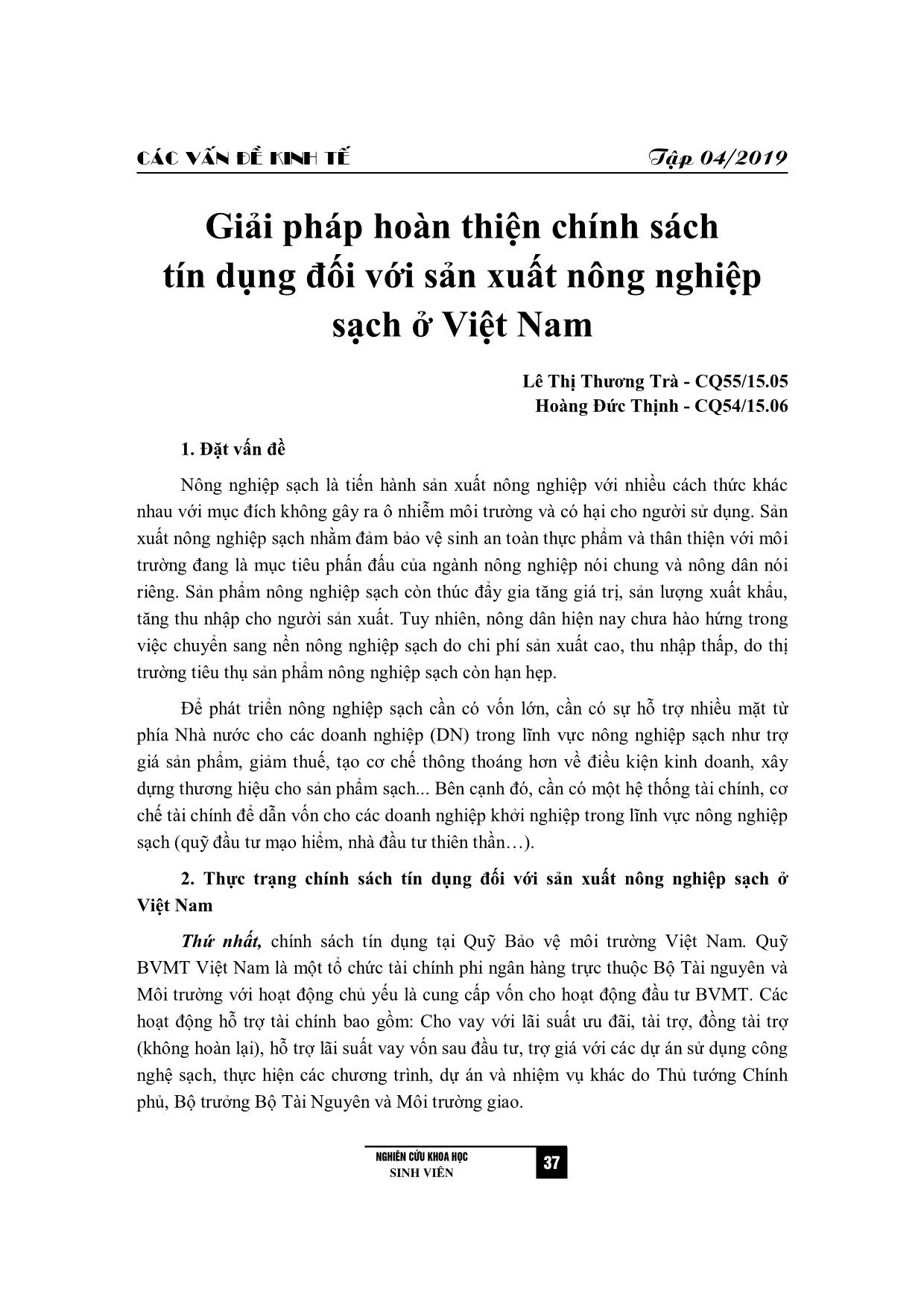 Giải pháp hoàn thiện chính sách tín dụng đối với sản xuất nông nghiệp sạch ở Việt Nam trang 1