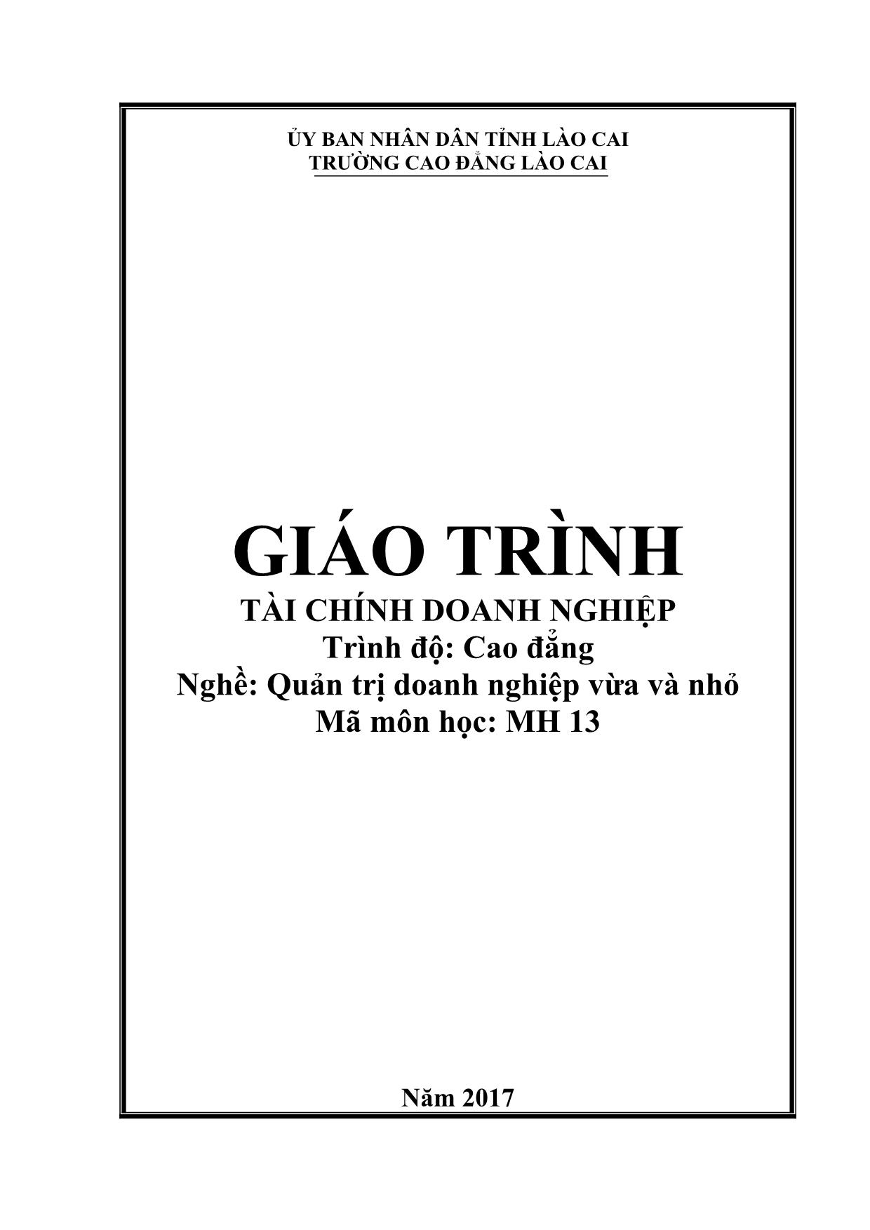 Giáo trình Quản trị doanh nghiệp vừa và nhỏ - Tài chính doanh nghiệp trang 1