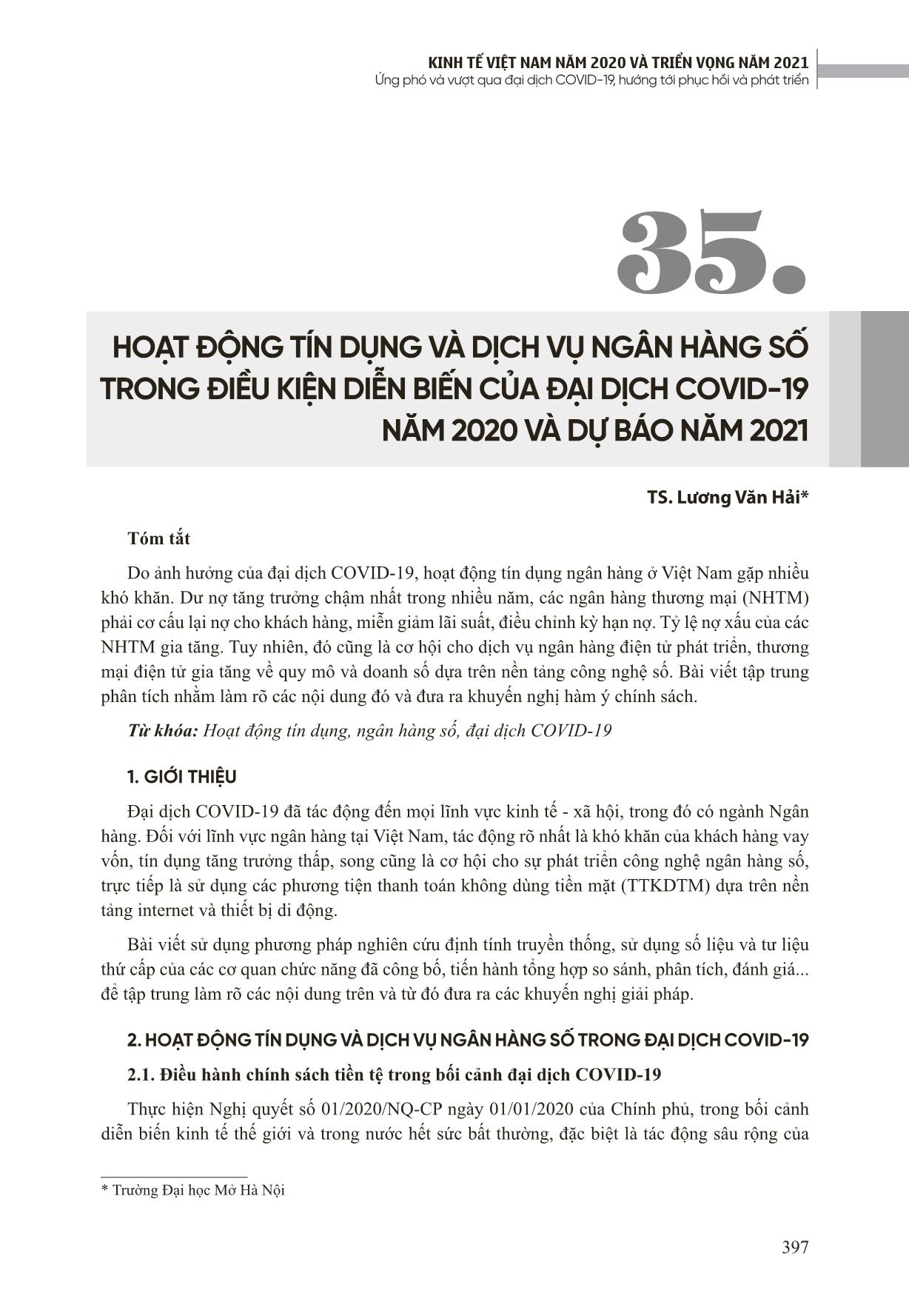 Hoạt động tín dụng và dịch vụ ngân hàng số trong điều kiện diễn biến của đại dịch Covid-19 năm 2020 và dự báo năm 2021 trang 1