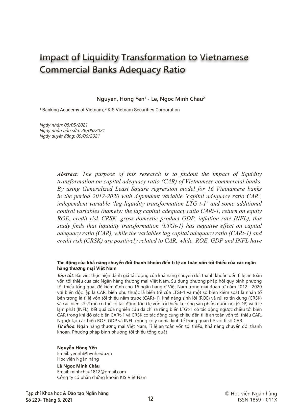 Impact of liquidity transformation to Vietnamese commercial banks adequacy ratio trang 1