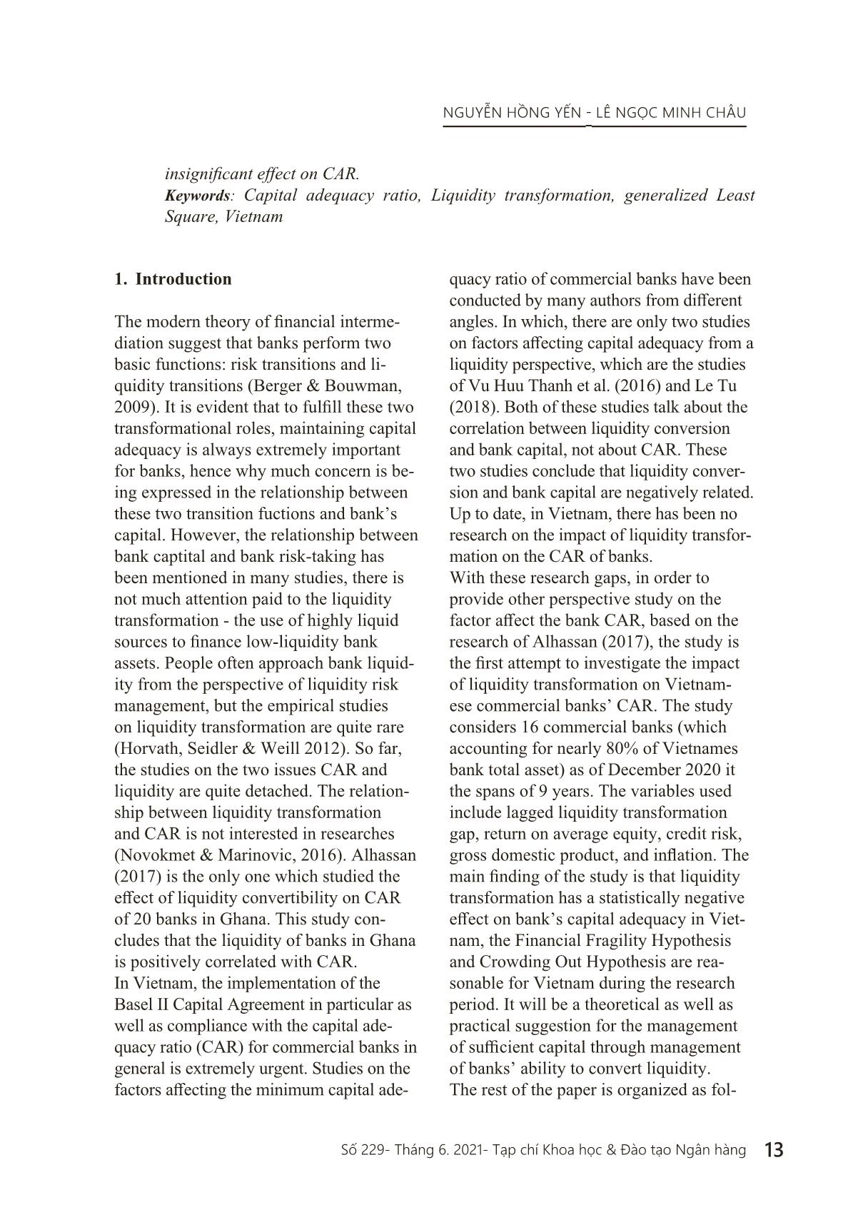 Impact of liquidity transformation to Vietnamese commercial banks adequacy ratio trang 2