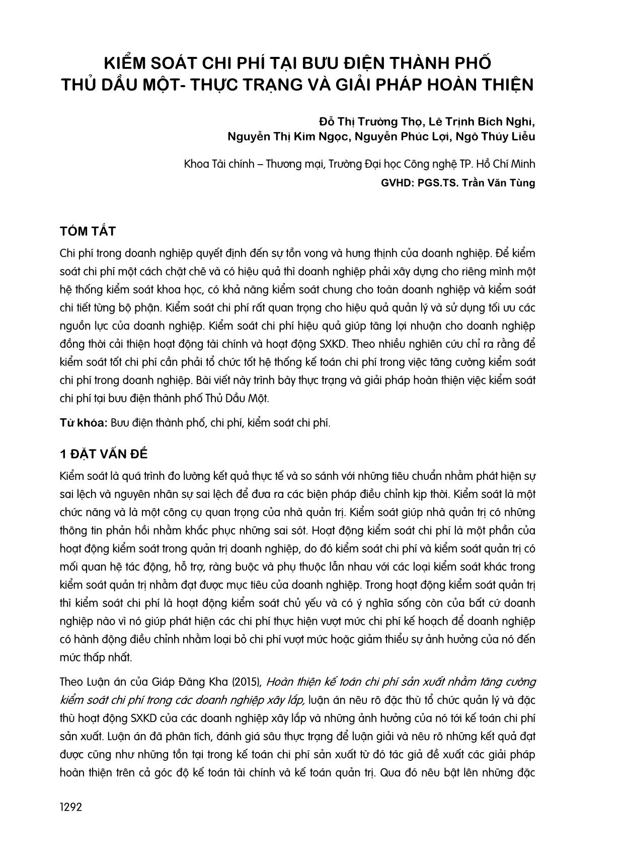 Kiểm soát chi phí tại bưu điện thành phố Thủ Dầu Một - Thực trạng và giải pháp hoàn thiện trang 1