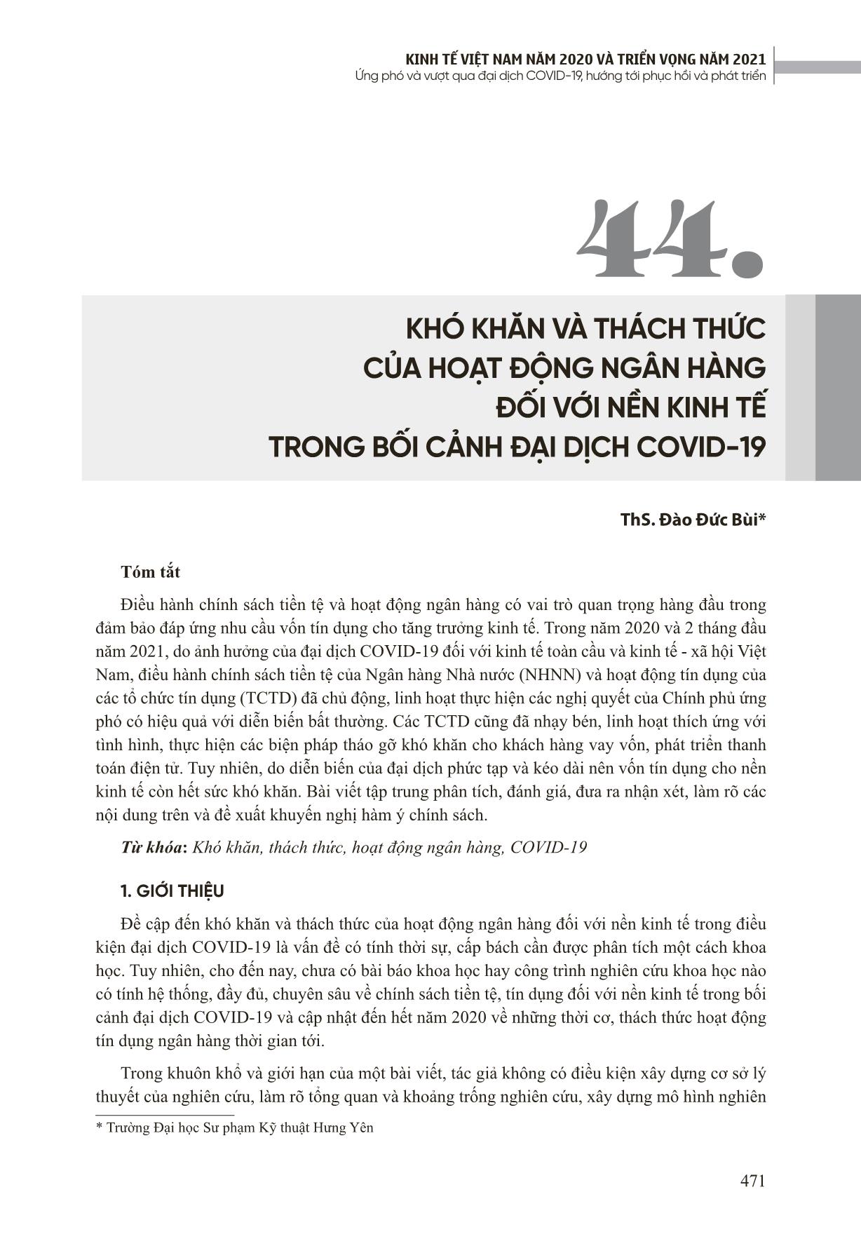 Khó khăn và thách thức của hoạt động ngân hàng đối với nền kinh tế trong bối cảnh đại dịch Covid-19 trang 1