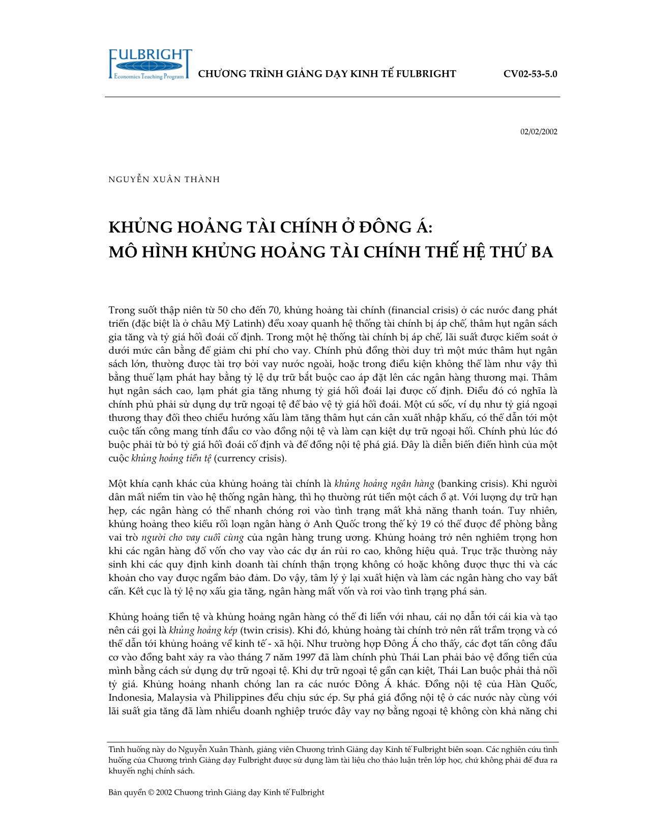 Khủng hoảng tài chính ở Đông Á: Mô hình khủng hoảng tài chính thế hệ thứ ba trang 1