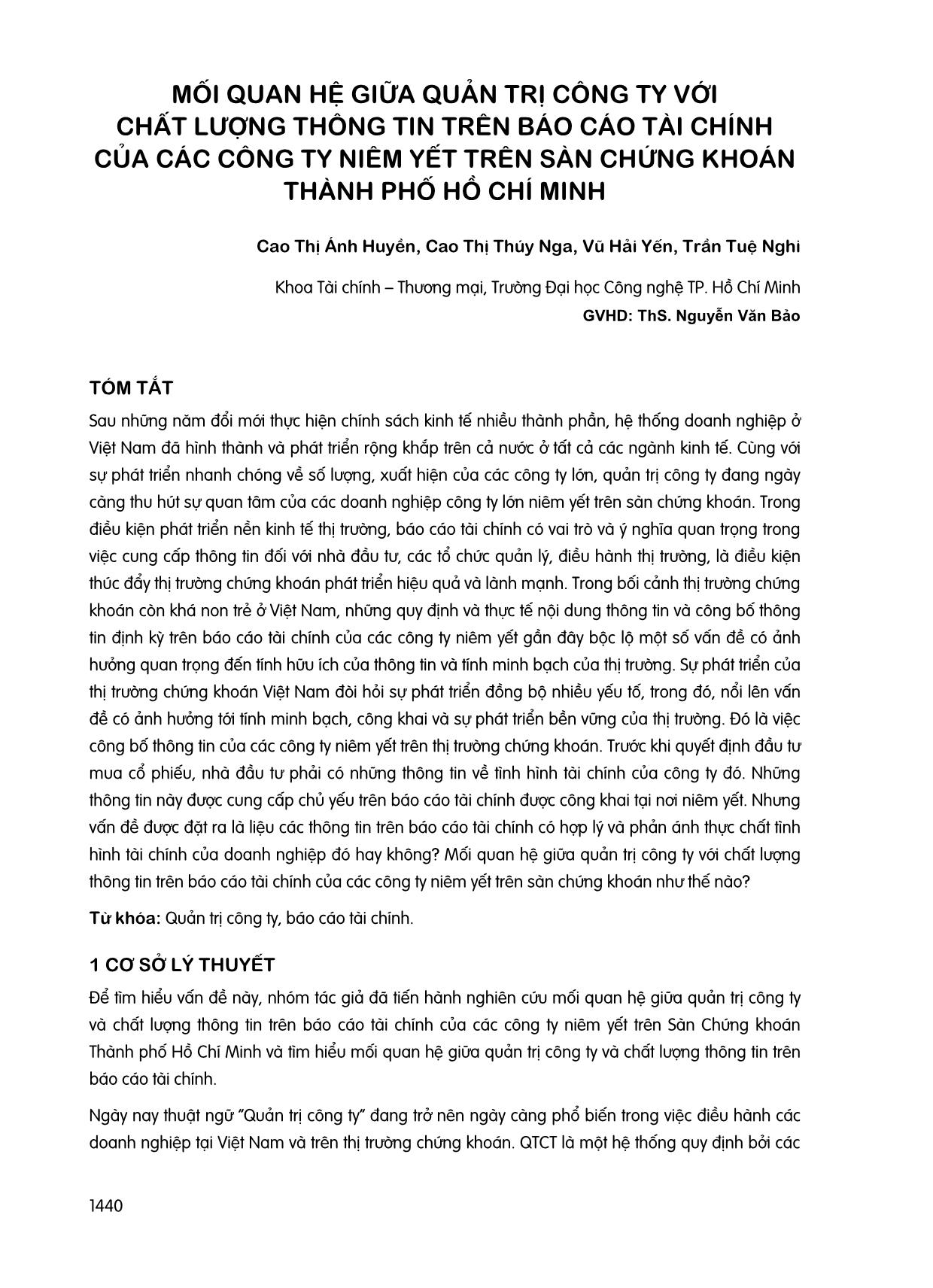 Mối quan hệ giữa quản trị công ty với chất ượng thông tin trên báo cáo tài chính của các công ty niêm yết trên sàn chứng khoán thành phố Hồ Chí Minh trang 1
