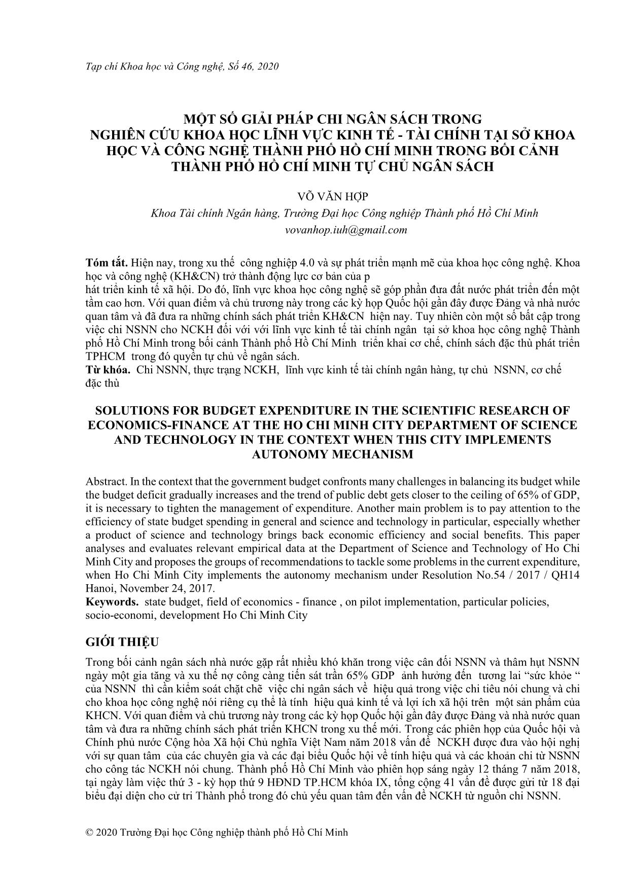 Một số giải pháp chi ngân sách trong nghiên cứu khoa học lĩnh vực kinh tế - Tài chính tại sở khoa học và công nghệ thành phố Hồ Chí Minh trong bối cảnh thành phố Hồ Chí Minh tự chủ ngân sách trang 1
