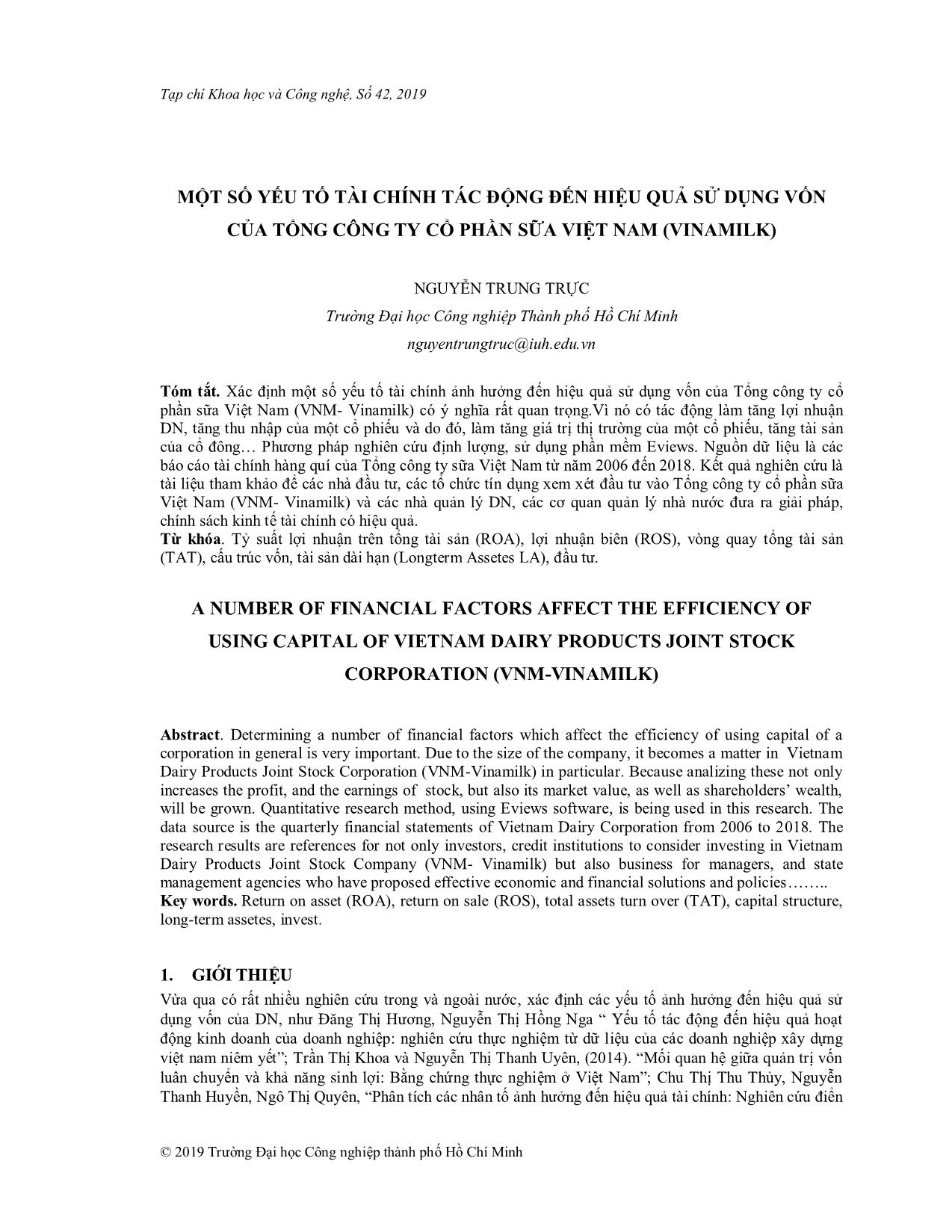 Một số yếu tố tài chính tác động đến hiệu quả sử dụng vốn của tổng công ty Cổ phần sữa Việt Nam (Vinamilk) trang 1