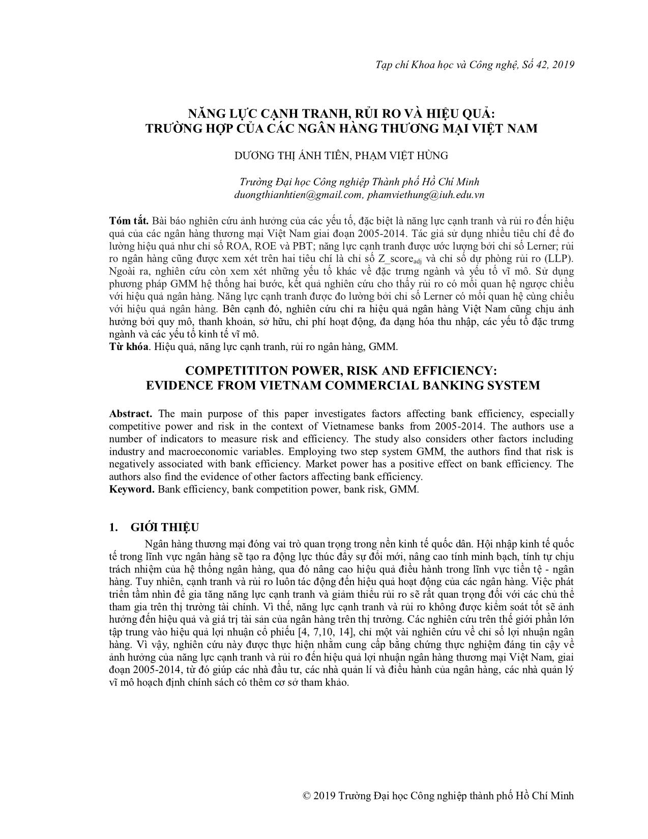 Năng lực cạnh tranh, rủi ro và hiệu quả: Trường hợp của các ngân hàng thương mại Việt Nam trang 1