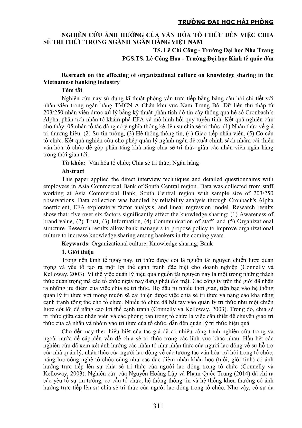 Nghiên cứu ảnh hưởng của văn hóa tổ chức đến việc chia sẻ tri thức trong ngành ngân hàng Việt Nam trang 1