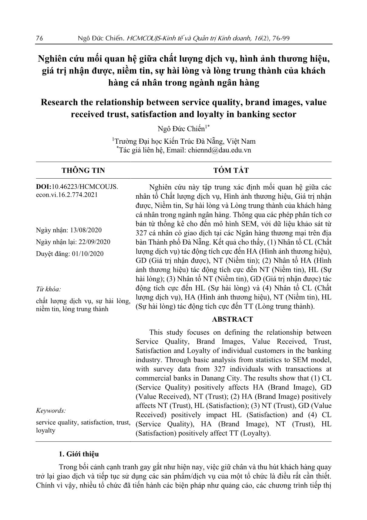 Nghiên cứu mối quan hệ giữa chất lượng dịch vụ, hình ảnh thương hiệu, giá trị nhận được, niềm tin, sự hài lòng và lòng trung thành của khách hàng cá nhân trong ngành ngân hàng trang 1