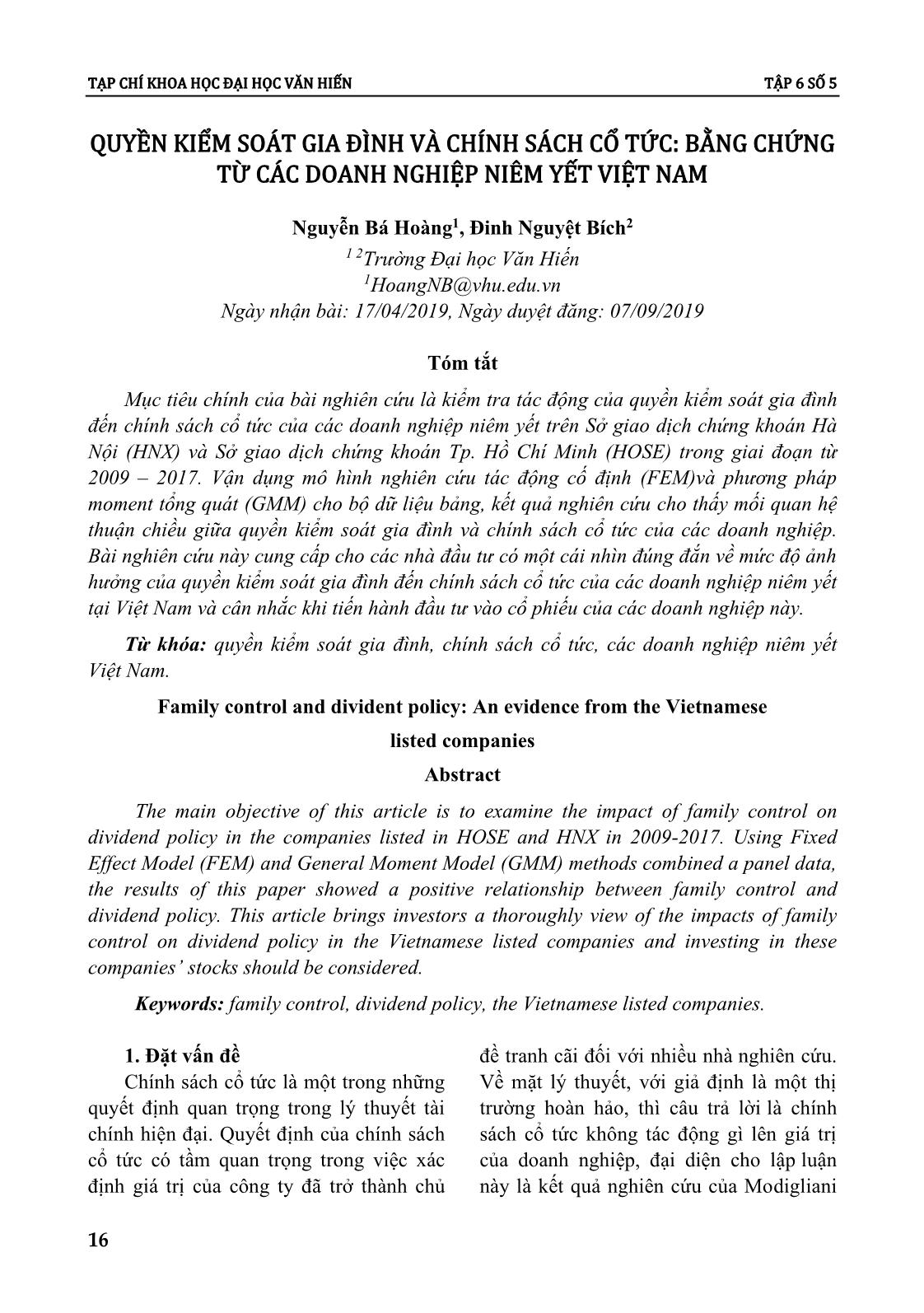 Quyền kiểm soát gia đình và chính sách cổ tức: Bằng chứng từ các doanh nghiệp niêm yết Việt Nam trang 1