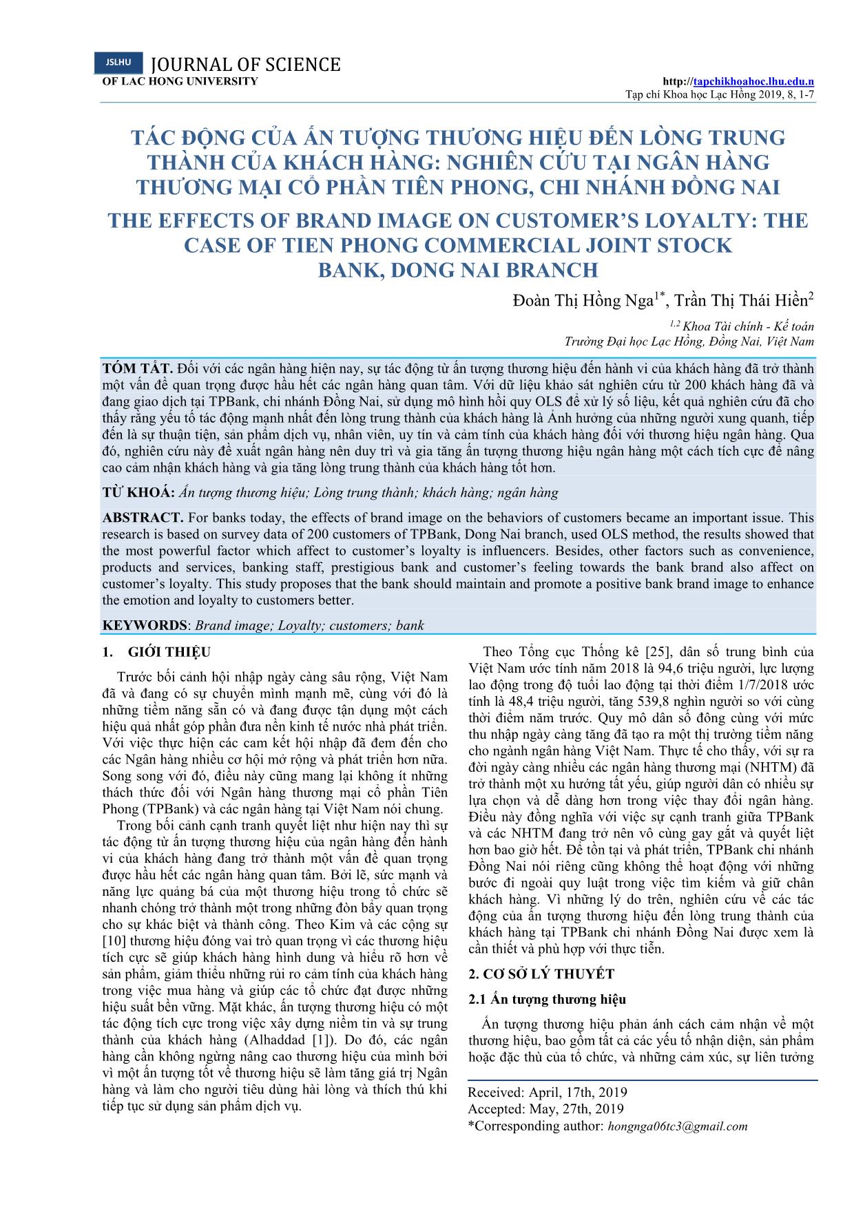 Tác động của ấn tượng thương hiệu đến lòng trung thành của khách hàng: Nghiên cứu tại ngân hàng thương mại cổ phần Tiên Phong, chi nhánh Đồng Nai trang 1
