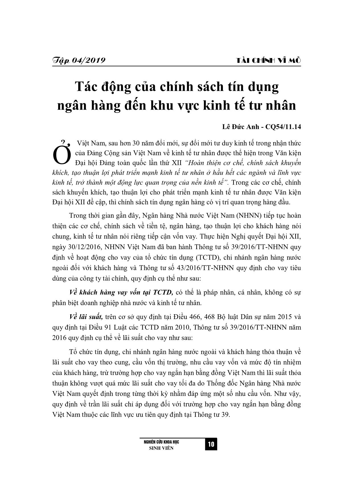 Tác động của chính sách tín dụng ngân hàng đến khu vực kinh tế tư nhân trang 1