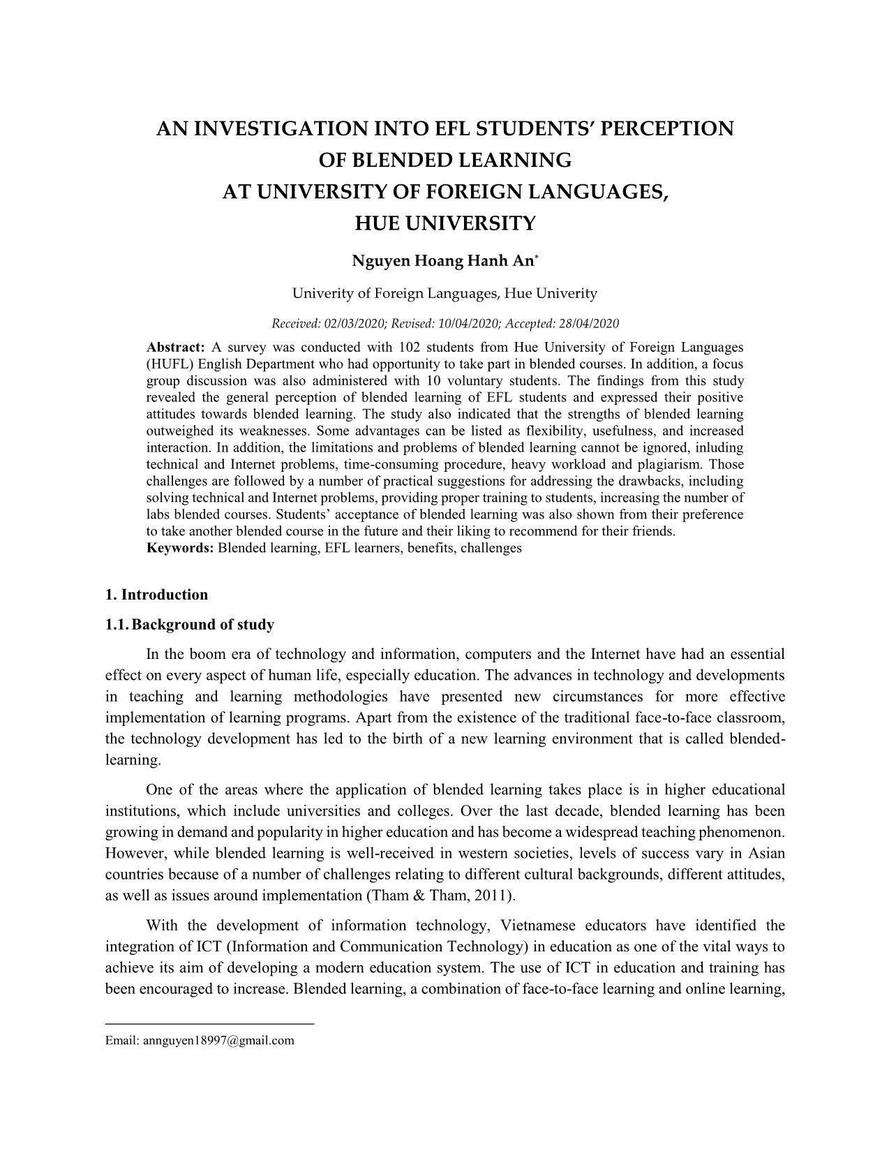 An investigation into efl students’ perception of blended learning at university of foreign languages, Hue university trang 1