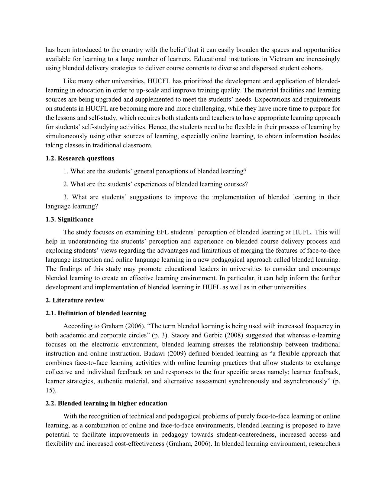 An investigation into efl students’ perception of blended learning at university of foreign languages, Hue university trang 2