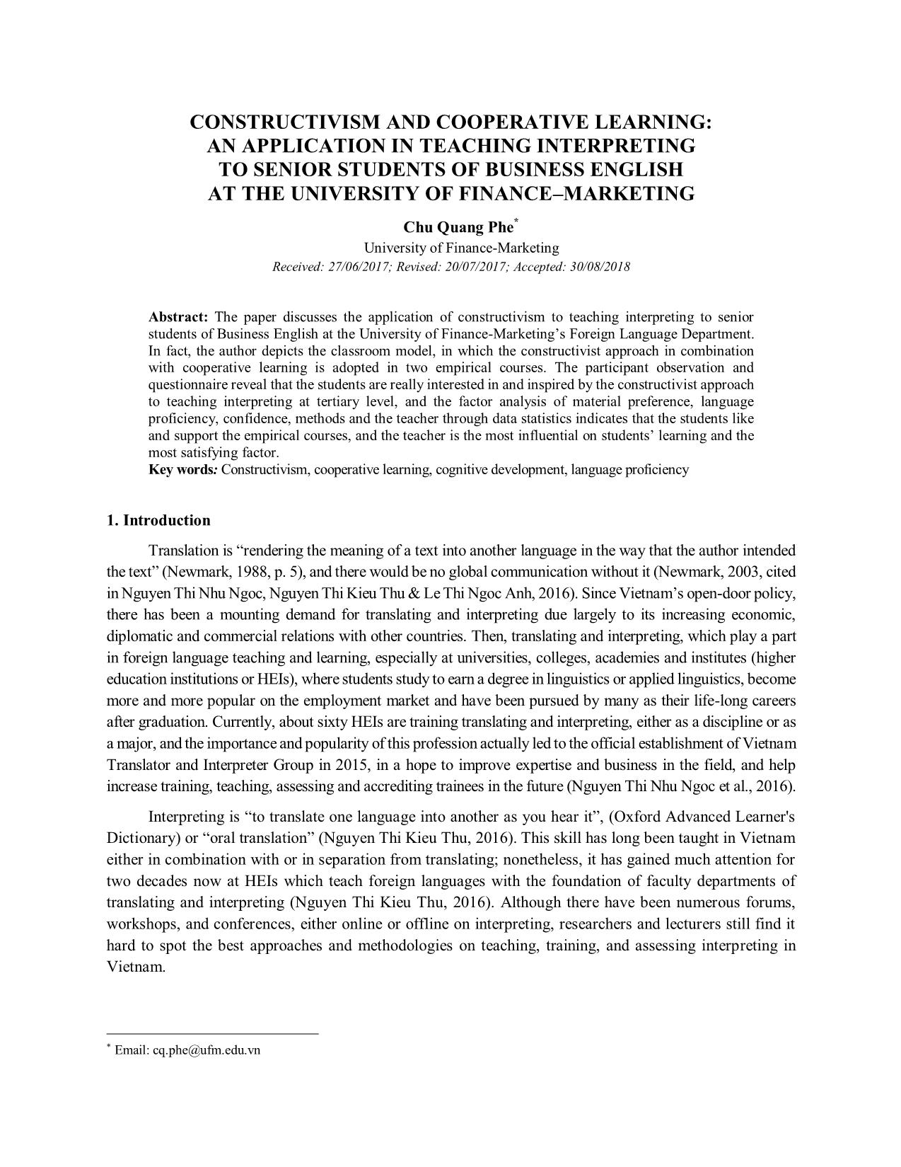 Constructivism and cooperative learning: An application in teaching interpreting to senior students of business english at the university of finance – marketing trang 1