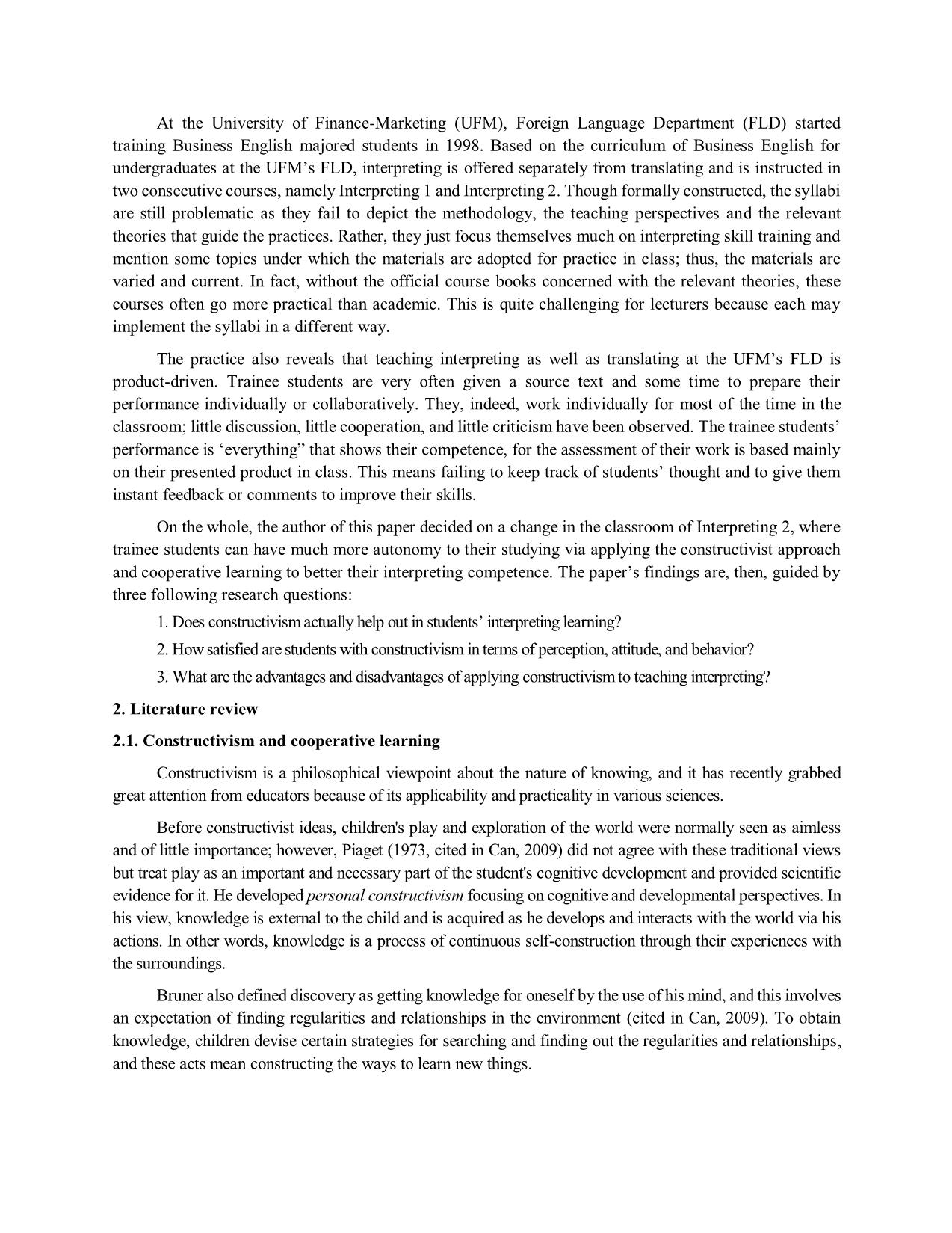 Constructivism and cooperative learning: An application in teaching interpreting to senior students of business english at the university of finance – marketing trang 2