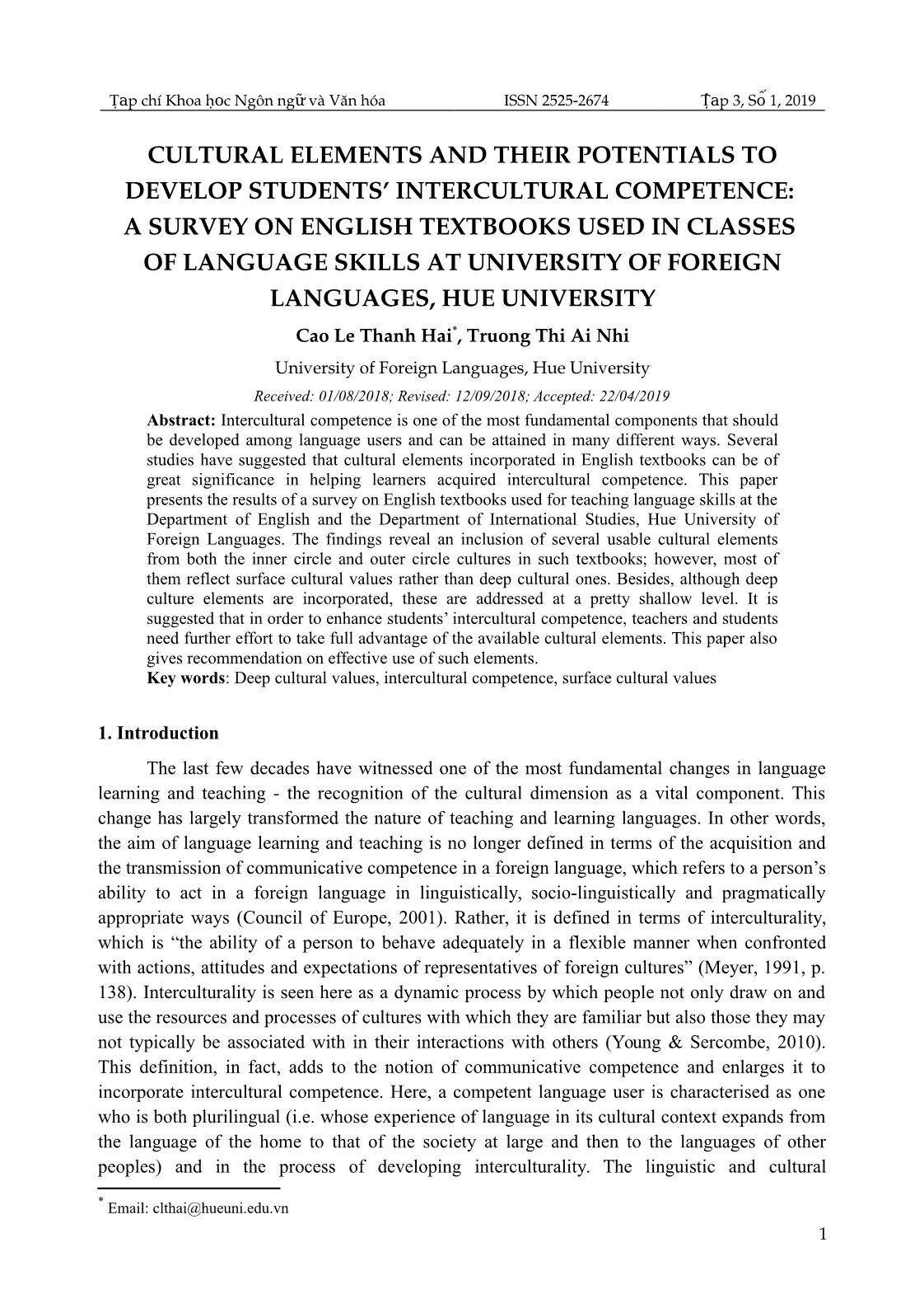 Cultural elements and their potentials to develop students’ intercultural competence: a survey on english textbooks used in classes of language skills at university of foreign languages, Hue university trang 1