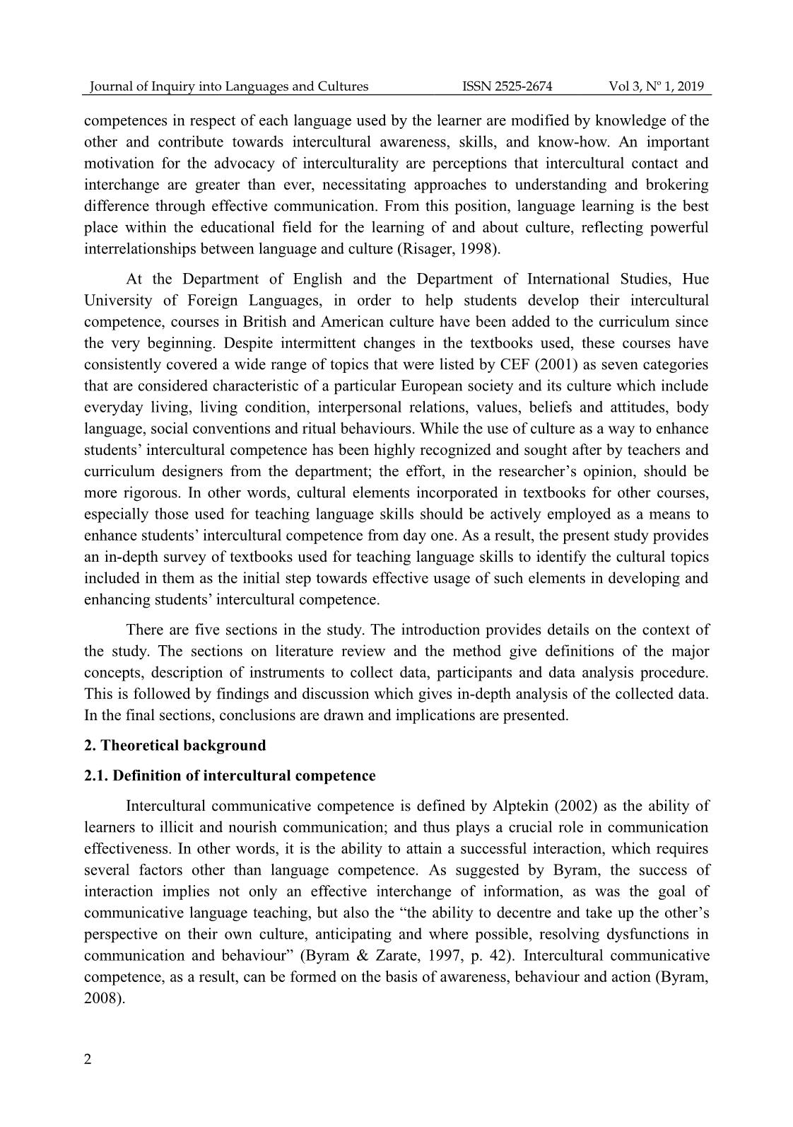 Cultural elements and their potentials to develop students’ intercultural competence: a survey on english textbooks used in classes of language skills at university of foreign languages, Hue university trang 2