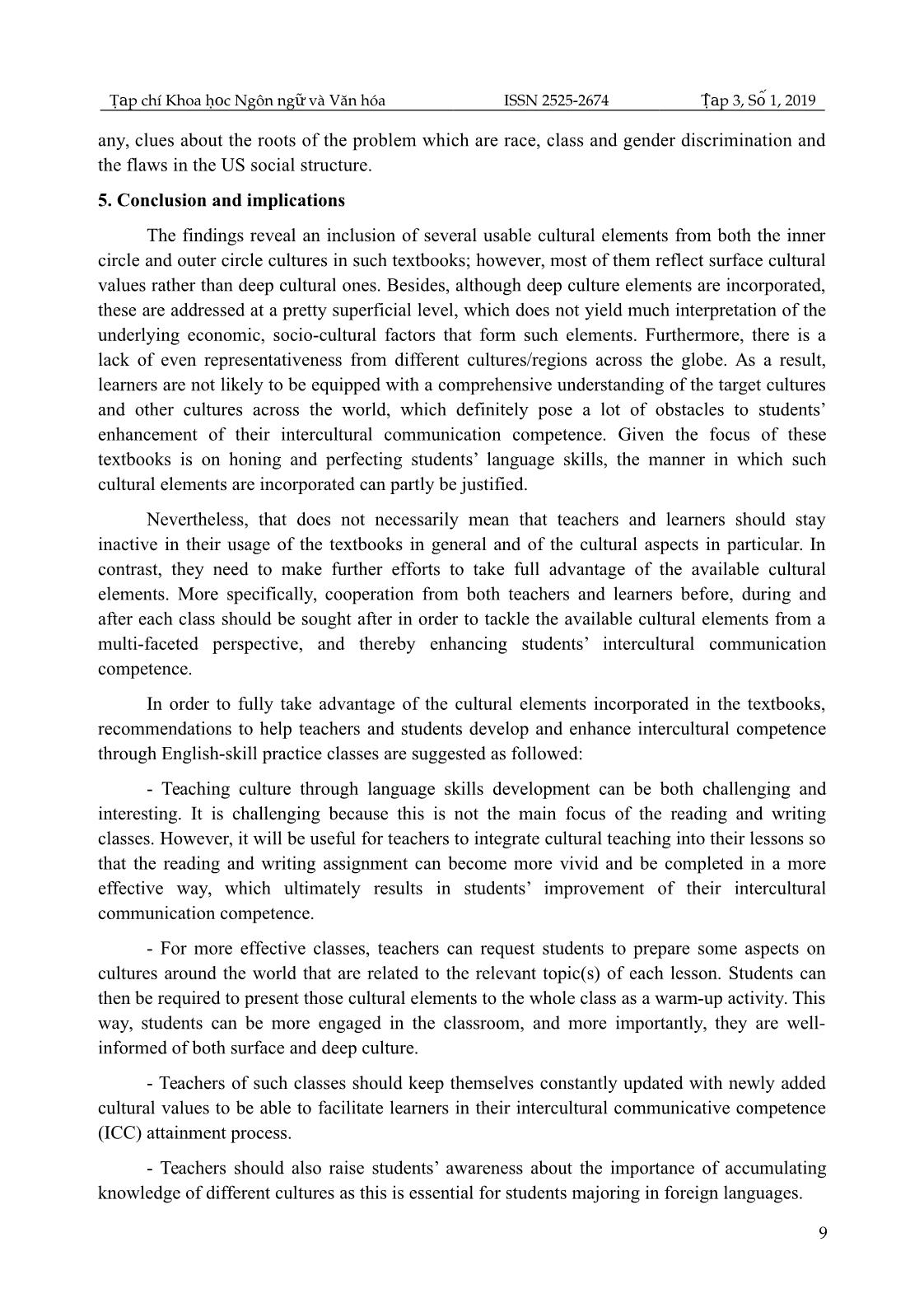 Cultural elements and their potentials to develop students’ intercultural competence: a survey on english textbooks used in classes of language skills at university of foreign languages, Hue university trang 9