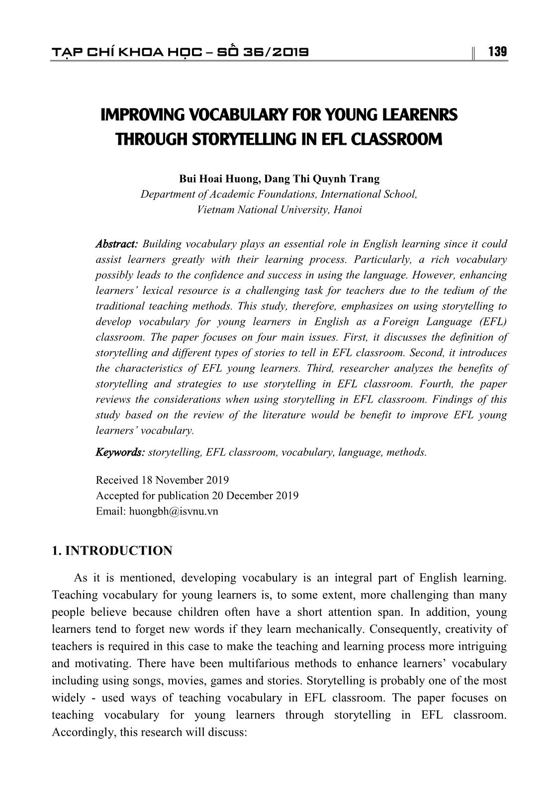 Improving vocabulary for young learenrs through storytelling in efl classroom trang 1