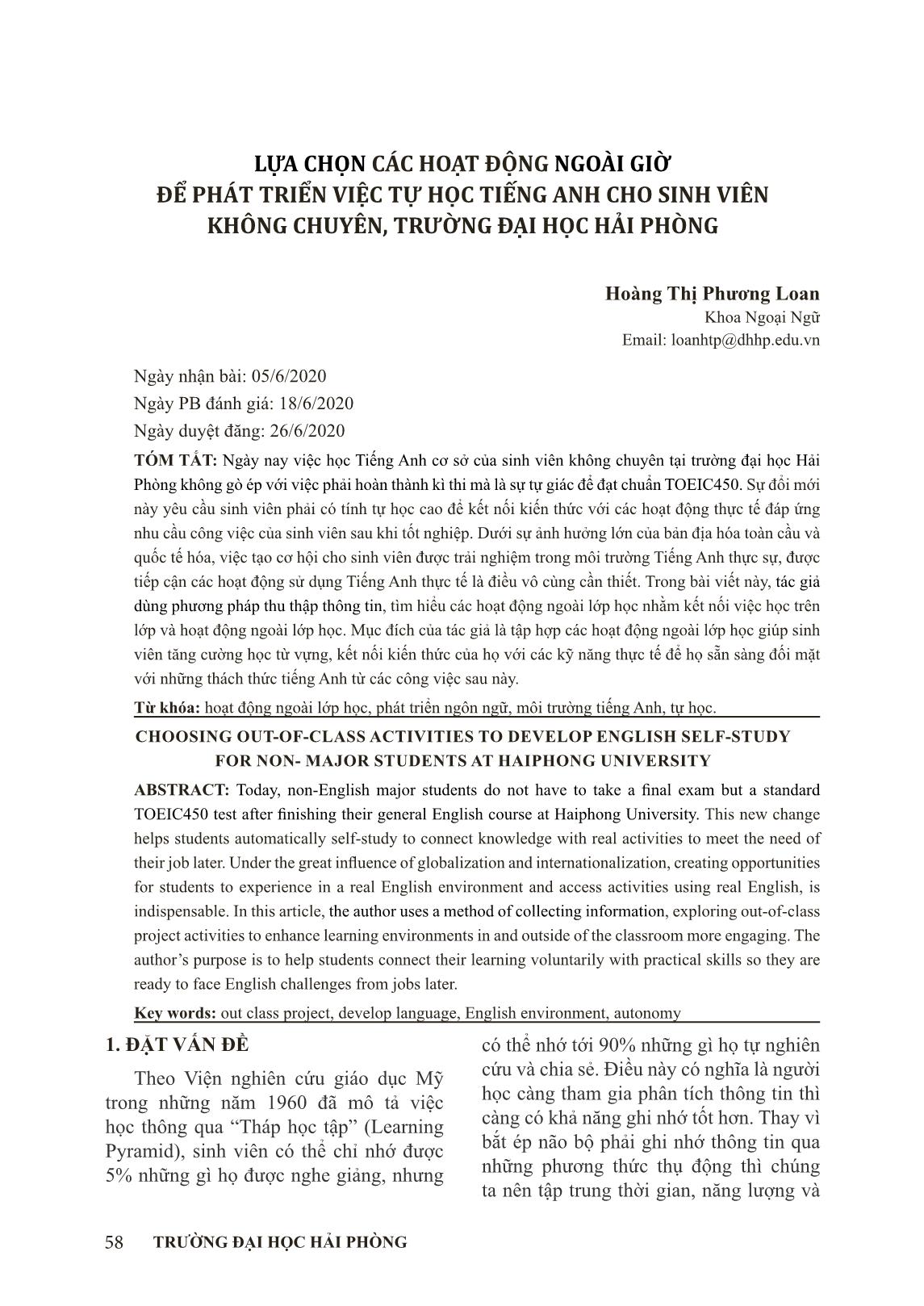 Lựa chọn các hoạt động ngoài giờ để phát triển việc tự học tiếng anh cho sinh viên không chuyên, trường Đại học Hải Phòng trang 1