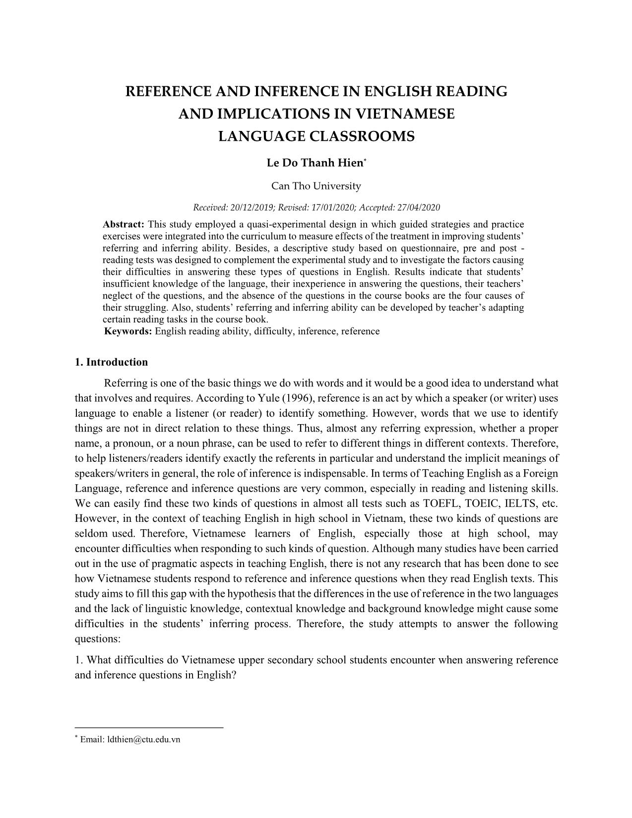 Reference and inference in English reading and implications in vietnamese language classrooms trang 1