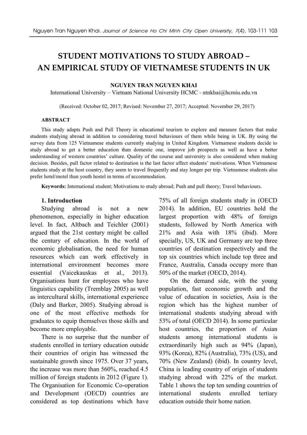 Student motivations to study abroad – an empirical study of vietnamese students in UK trang 1