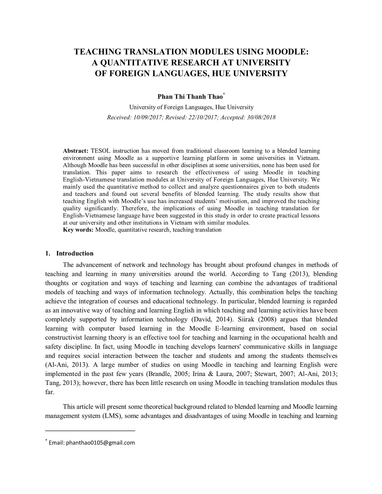 Teaching translation modules using moodle: A quantitative research at university of foreign languages, Hue university trang 1