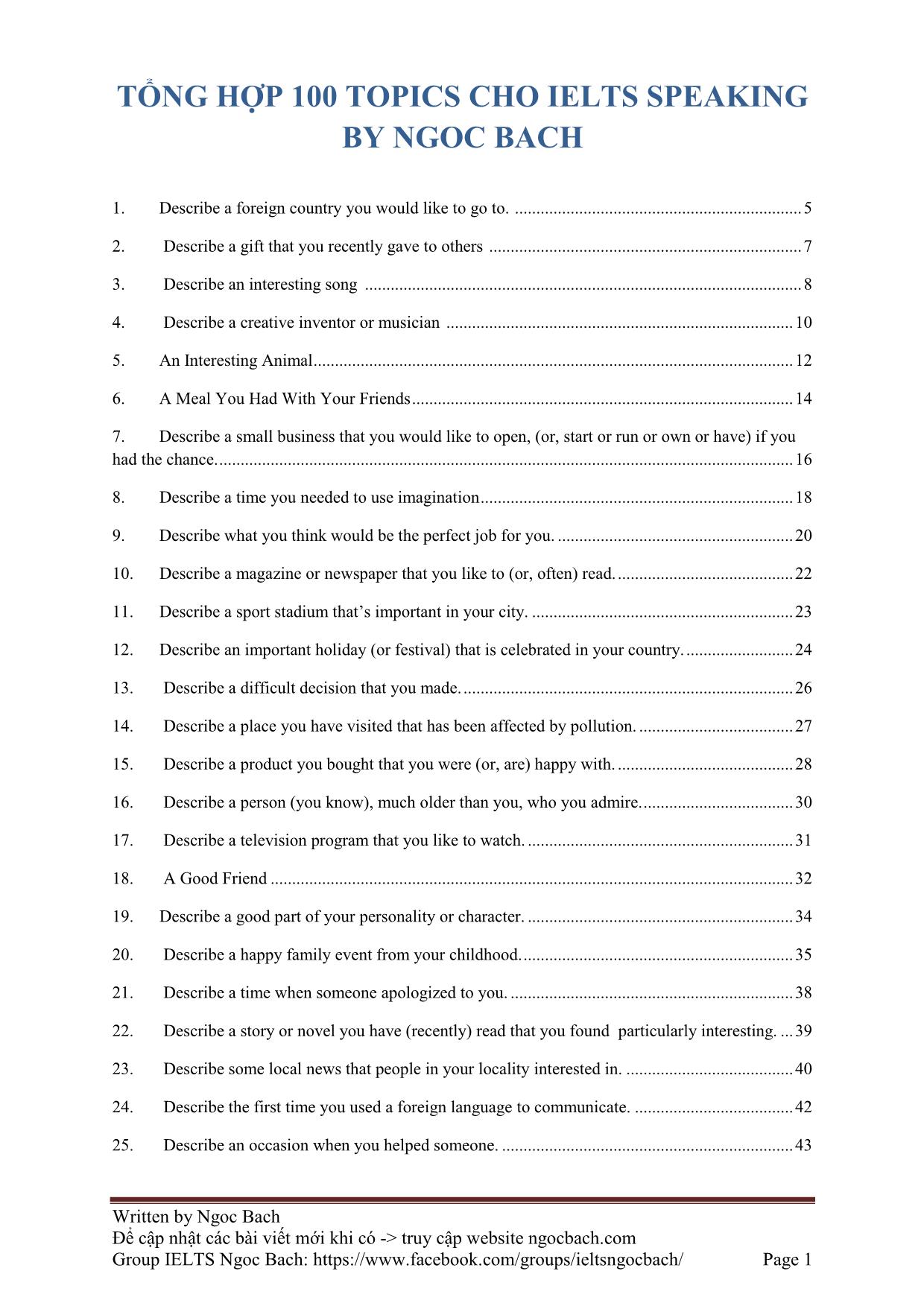 Tổng hợp 100 topics cho Ielts Speaking trang 1