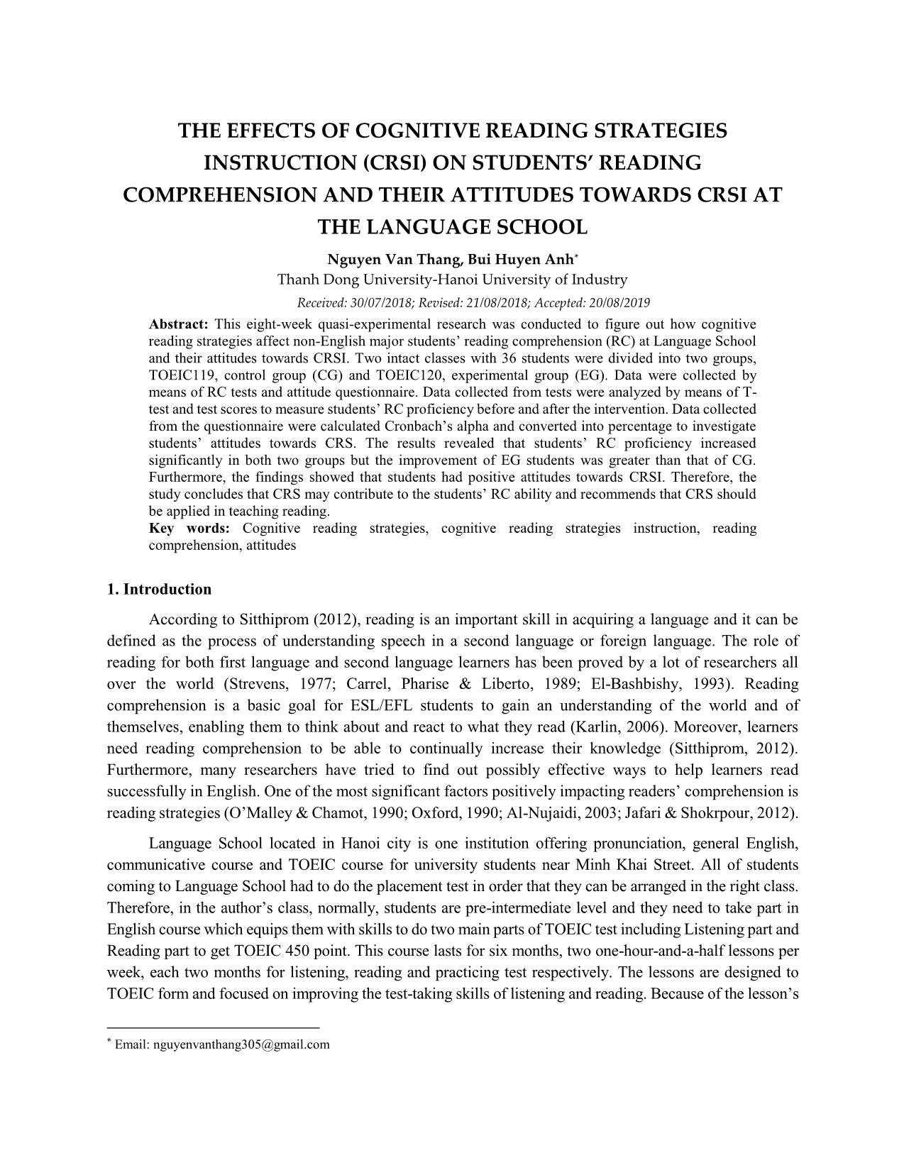 The effects of cognitive reading strategies instruction (crsi) on students’ reading comprehension and their attitudes towards crsi at the language school trang 1