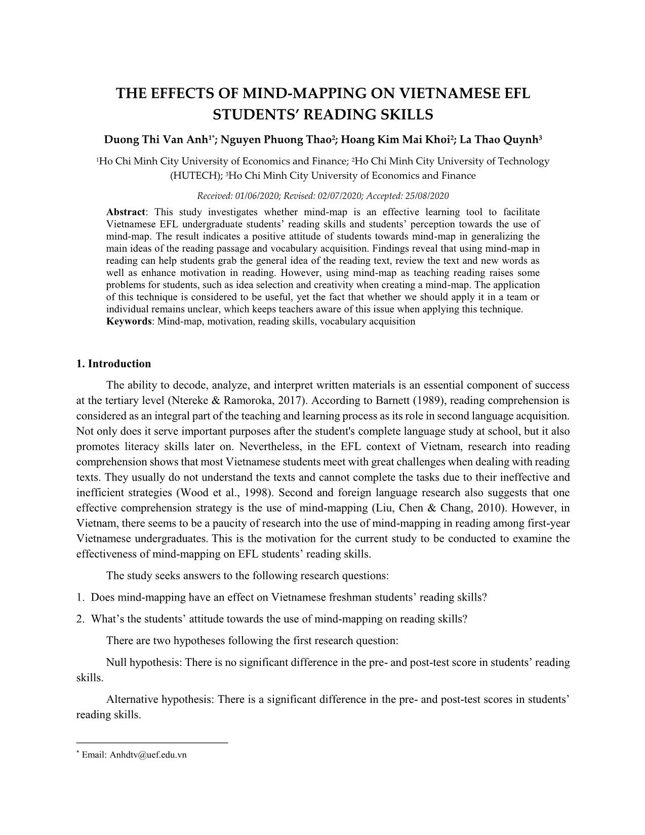 The effects of mind - Mapping on Vietnamese efl students’ reading skills trang 1