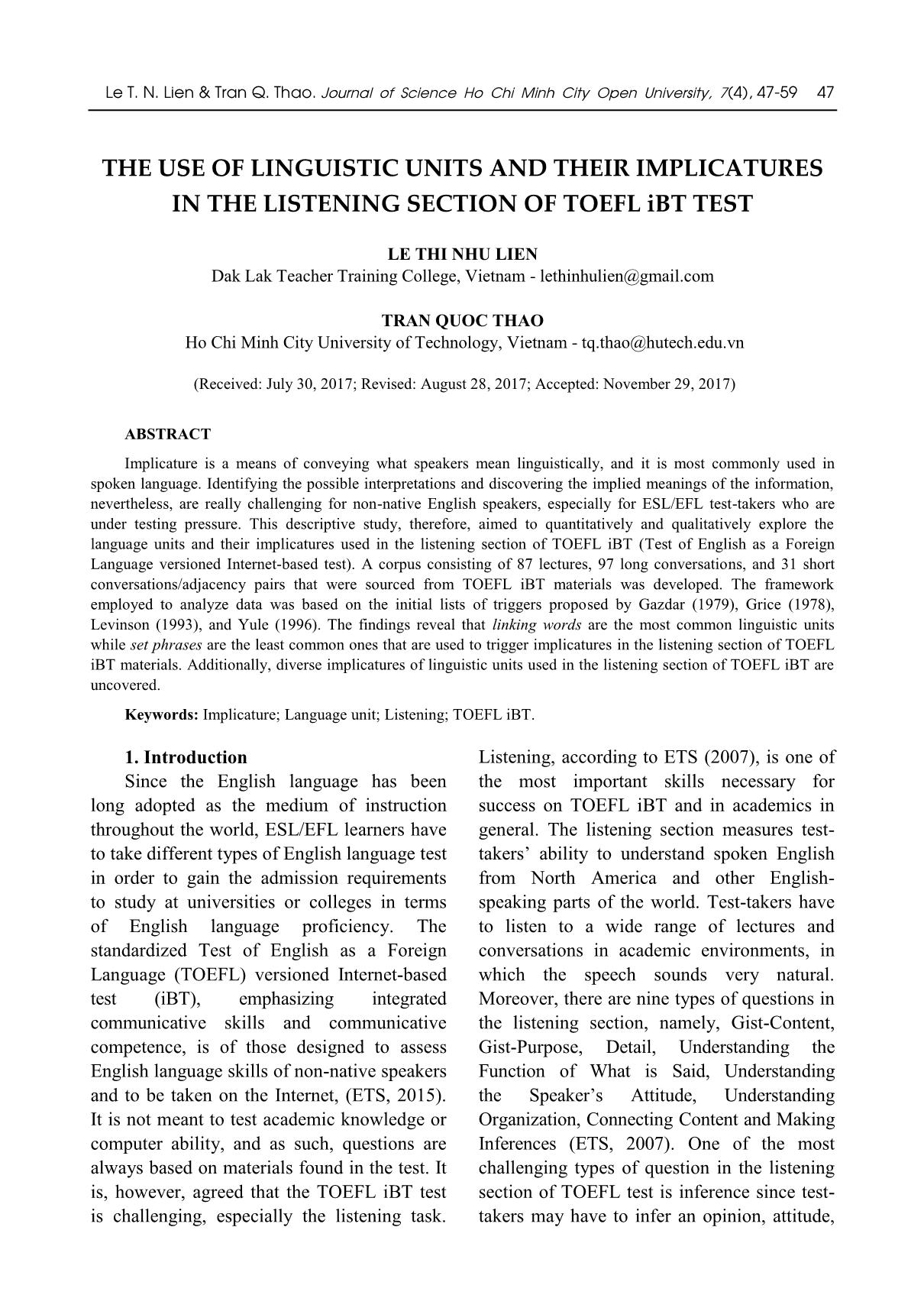 The use of linguistic units and their implicatures in the listening section of toefl iBT test trang 1