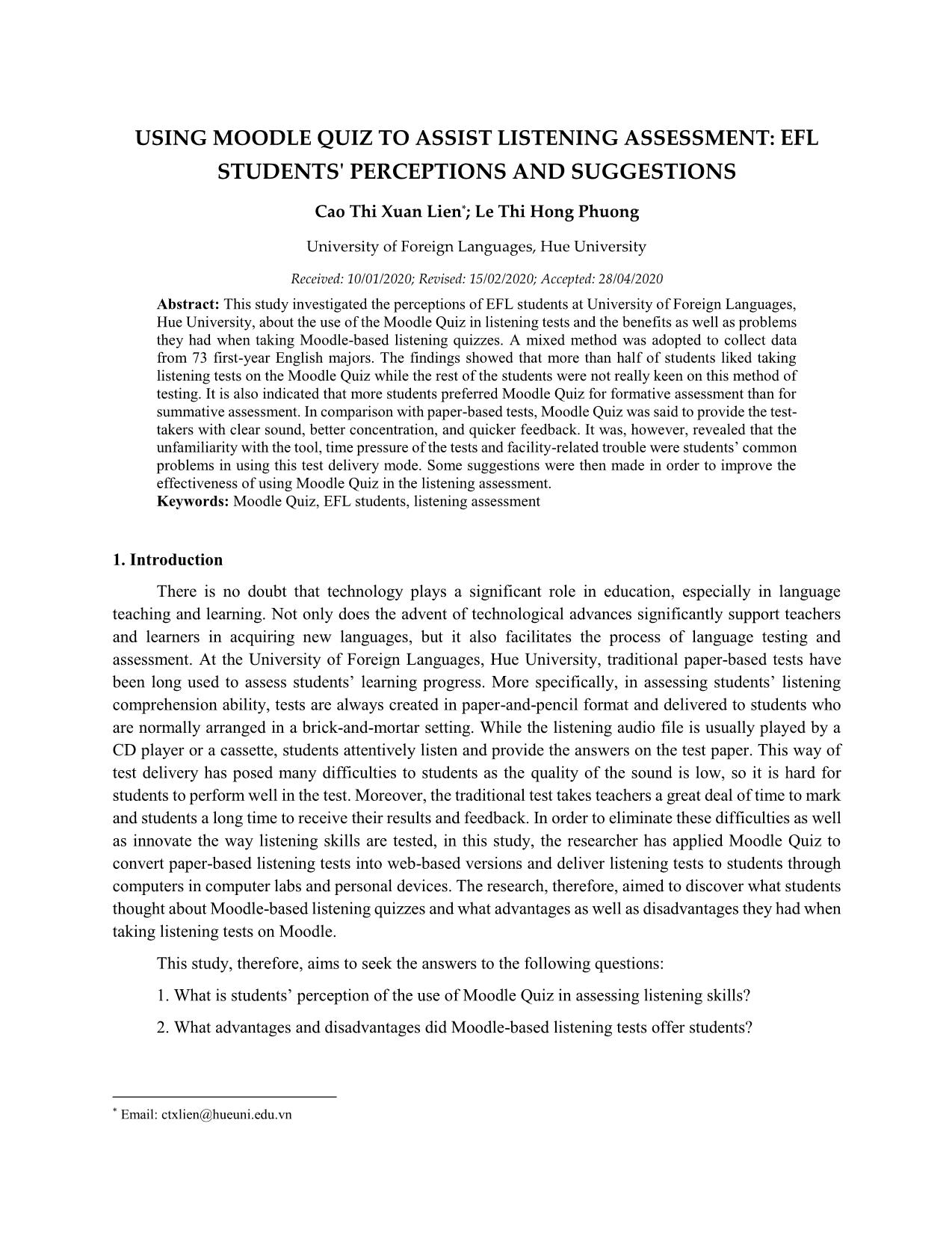 Using moodle quiz to assist listening assessment: Efl students perceptions and suggestions trang 1