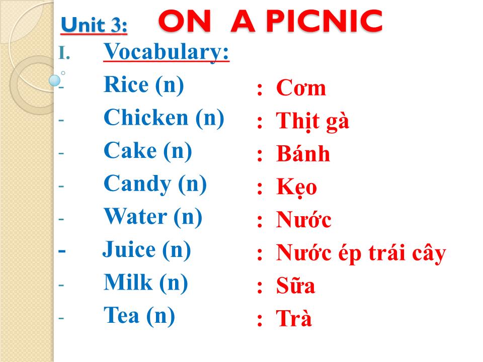 Bài giảng Tiếng Anh Lớp 4 - Unit 3: On a picnic trang 1