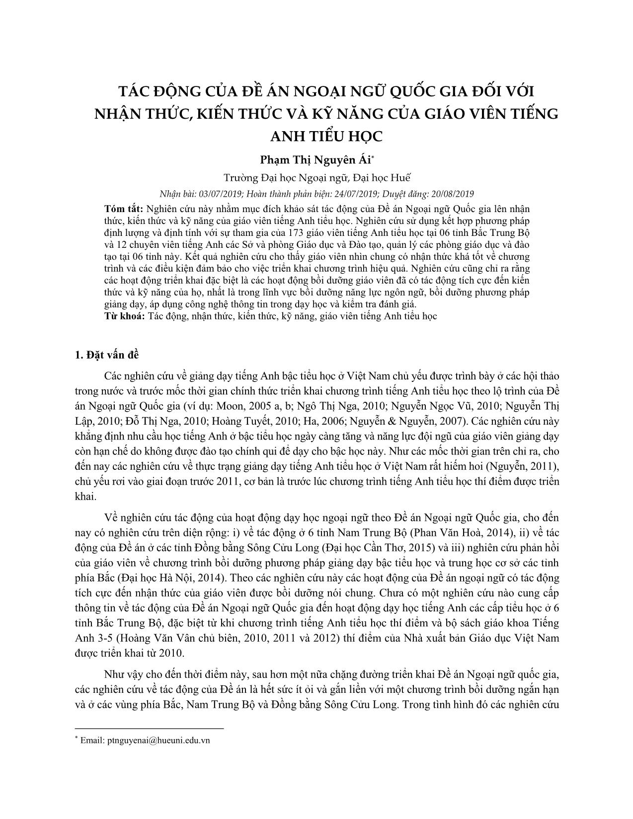 Tác động của đề án ngoại ngữ quốc gia đối với nhận thức, kiến thức và kỹ năng của giáo viên tiếng Anh Tiểu học trang 1