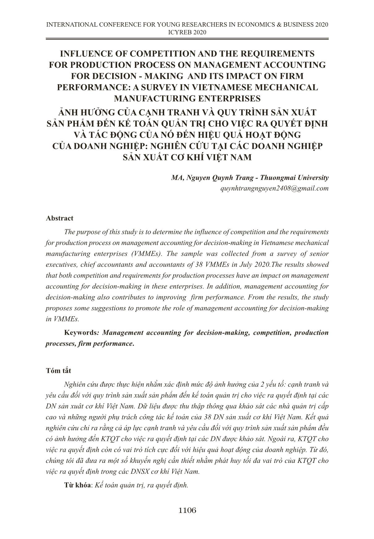 Ảnh hưởng của cạnh tranh và quy trình sản xuất sản phẩm đến kế toán quản trị cho việc ra quyết định và tác động của nó đến hiệu quả hoạt động của doanh nghiệp: Nghiên cứu tại các doanh nghiệp sản xuất cơ khí Việt Nam trang 1