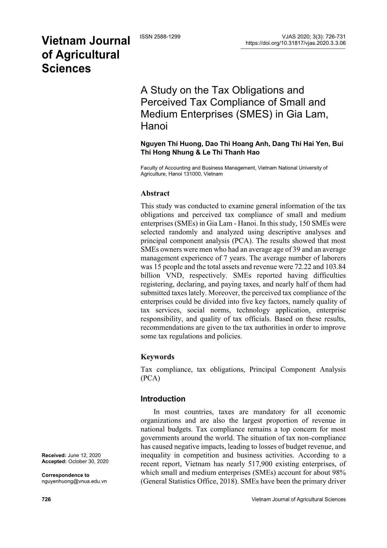 A study on the tax obligations and perceived tax compliance of small and medium enterprises (smes) in Gia Lam, Ha Noi trang 1