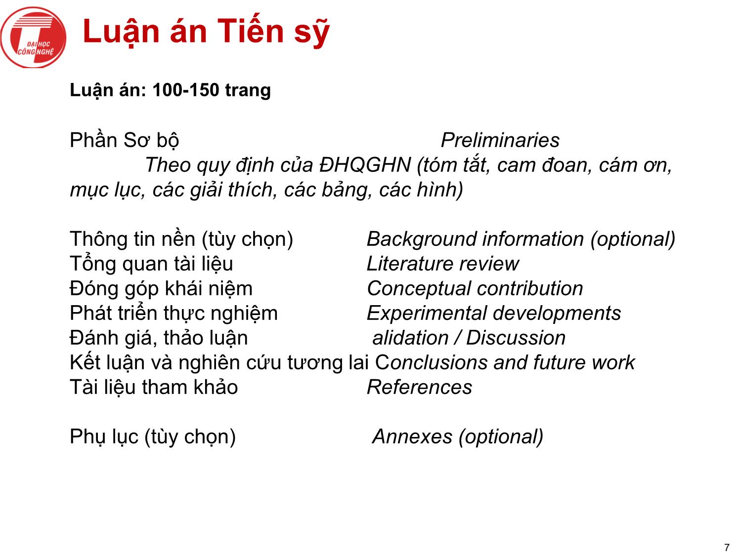 Bài giảng Nghiên cứu khoa học bậc nghiên cứu sinh tiến sỹ hệ thống thông tin - Chương 4: Luận án tiến sỹ và bảo vệ luận án trang 7