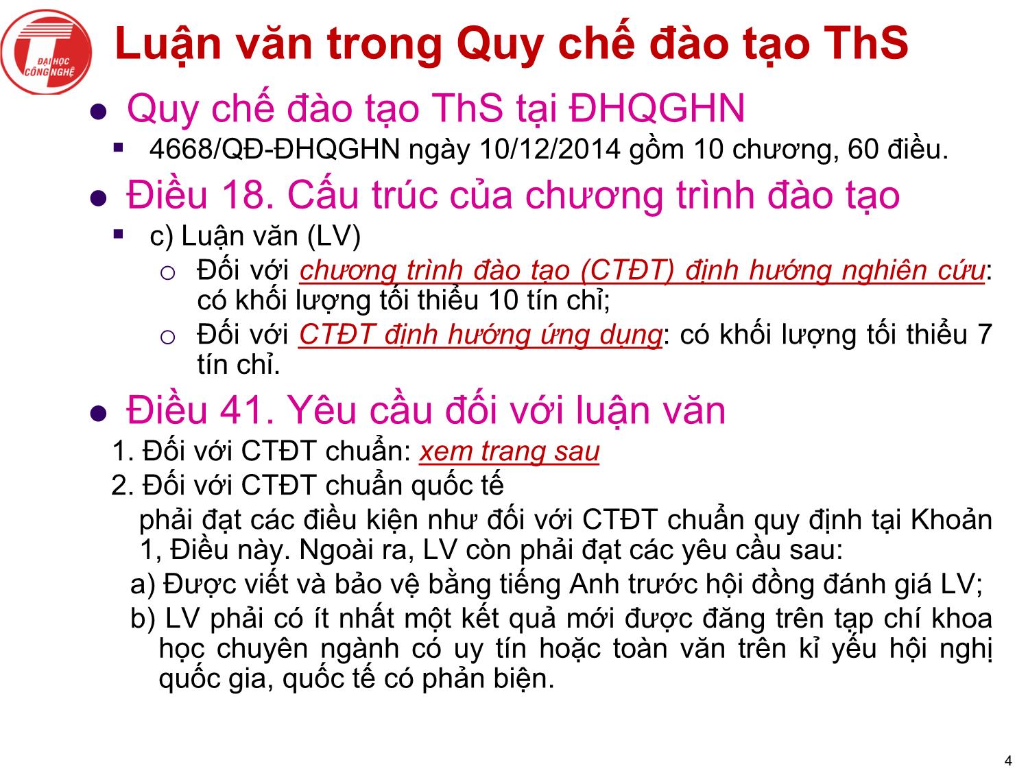 Bài giảngNghiên cứu khoa học bậc sau đại học - Chương 2: Luận văn thạc sỹ tại trường đại học công nghệ trang 4