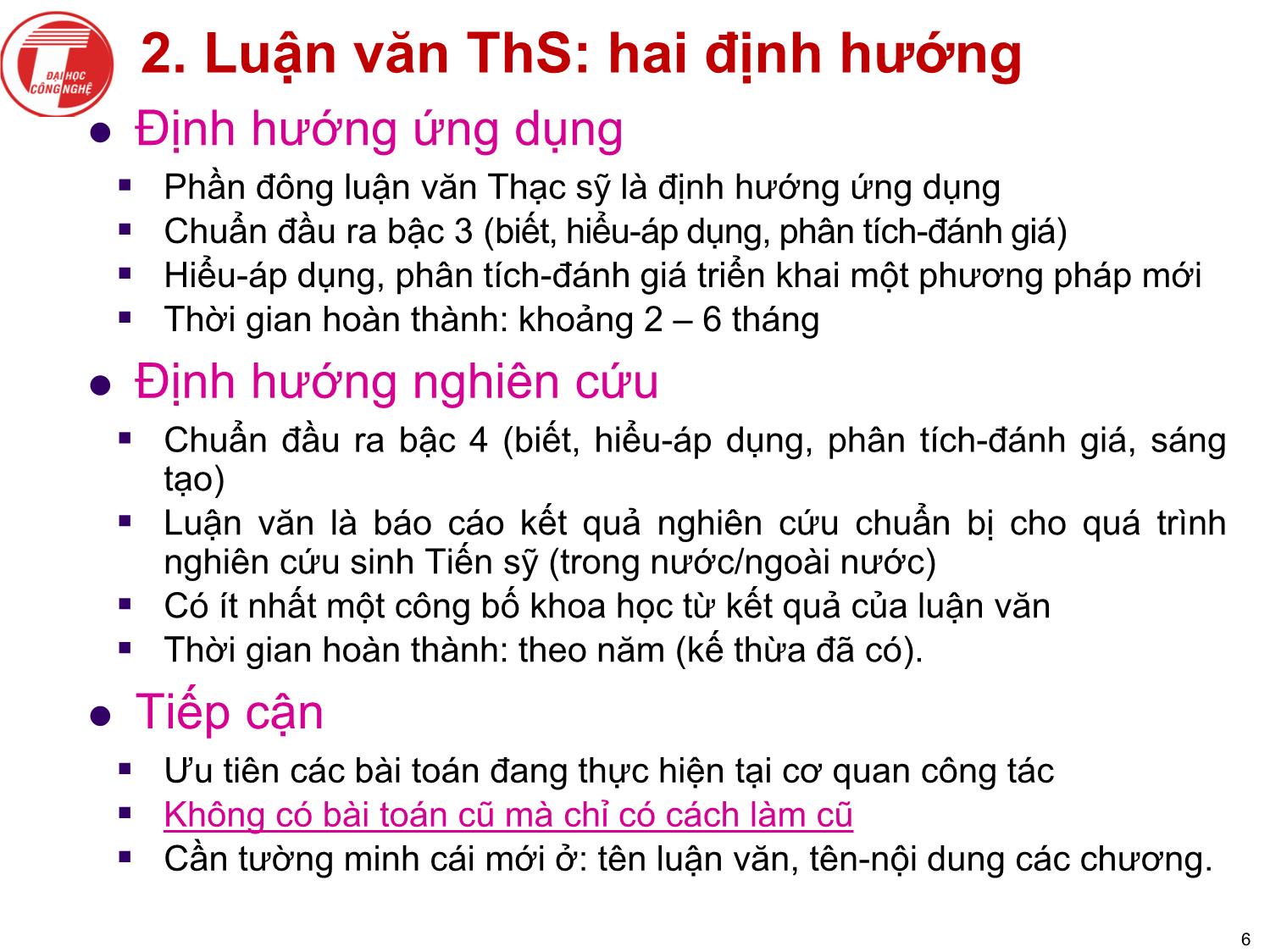 Bài giảngNghiên cứu khoa học bậc sau đại học - Chương 2: Luận văn thạc sỹ tại trường đại học công nghệ trang 6