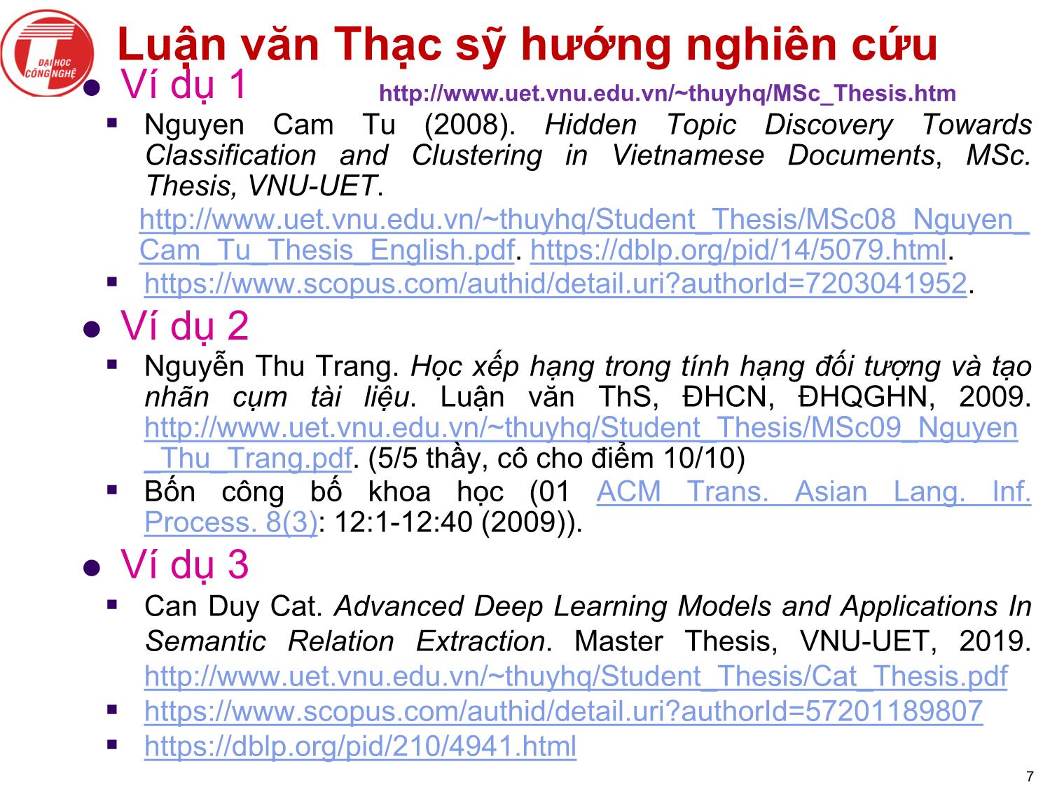 Bài giảngNghiên cứu khoa học bậc sau đại học - Chương 2: Luận văn thạc sỹ tại trường đại học công nghệ trang 7