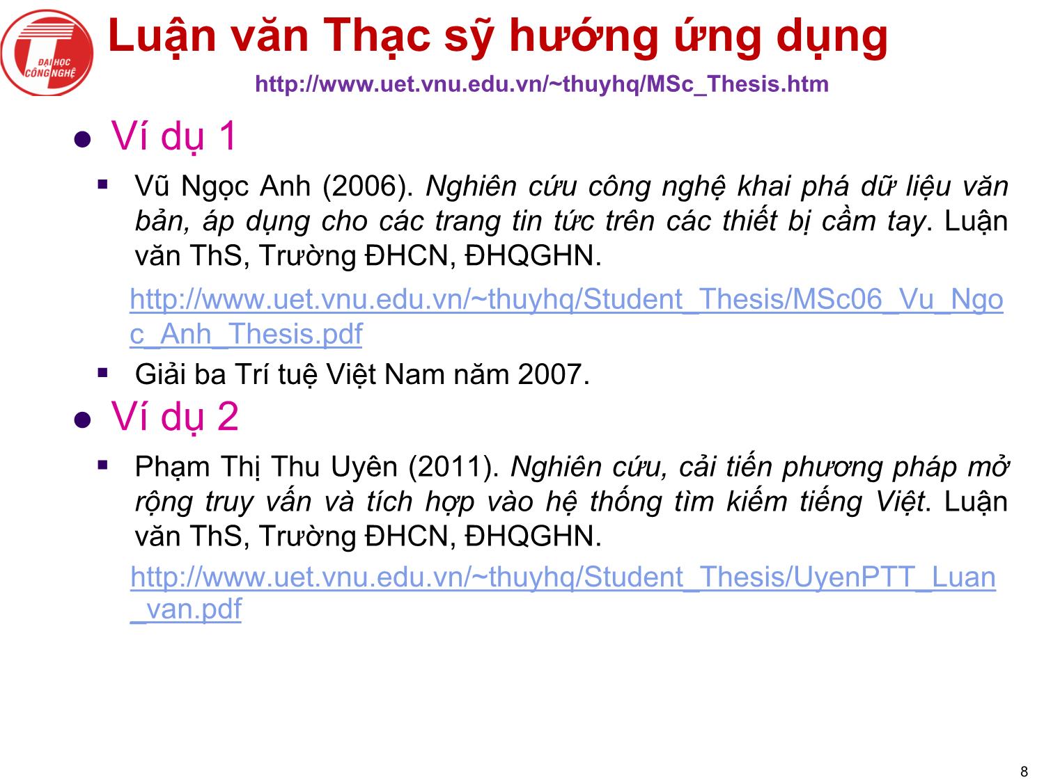 Bài giảngNghiên cứu khoa học bậc sau đại học - Chương 2: Luận văn thạc sỹ tại trường đại học công nghệ trang 8