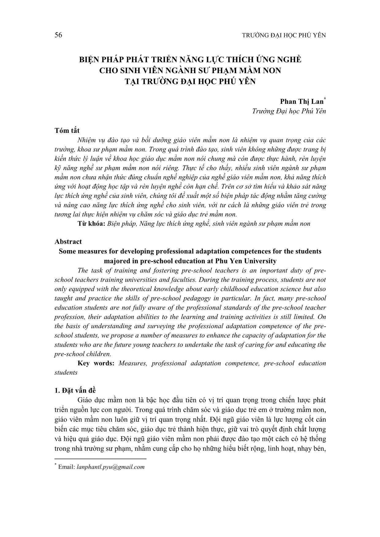 Biện pháp phát triển năng lực thích ứng nghề cho sinh viên ngành sư phạm mầm non tại trường Đại học Phú Yên trang 1